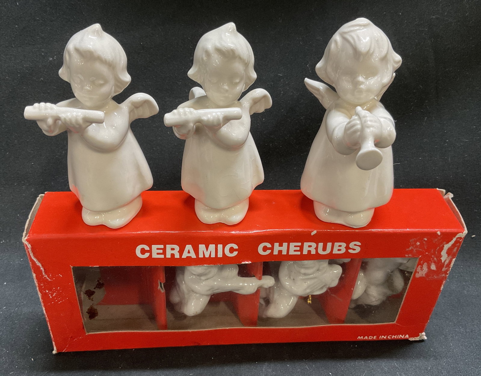 Lt6 VTG Admor&Goebel Cherub Figs W.GERM+: 6 Vintage White Ceramic Cherub Figurines and Christmas Ornaments. Includes Vintage Circa 1970s-1980s Admor Distributors Corp. Cherub Ornaments in Original Box and 3 Vintage Circa 1980s Goebel Figurine