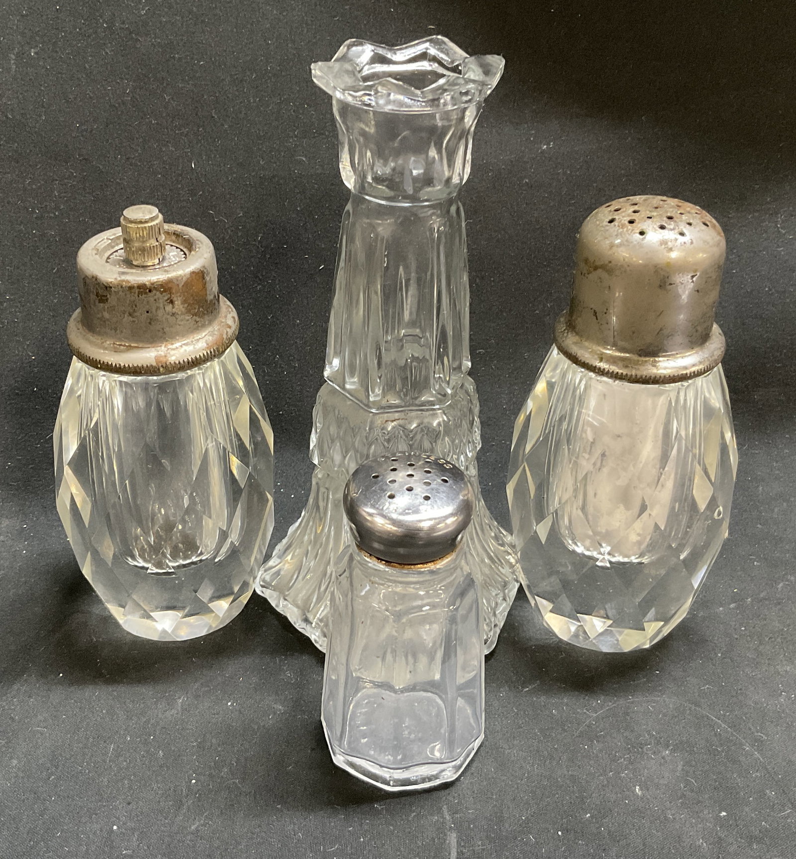 Lt4 ANTQ & VTG Cut Glass Tableware Mex, Can+: 4 Antique and Vintage Cut Glass Tableware. Includes Pair of Diamond Cut Salt and Pepper Shakers with Silver-Plated Lids, A Pressed Glass Bud Vase with Scalloped Rim Made in Mexico, and an Individual