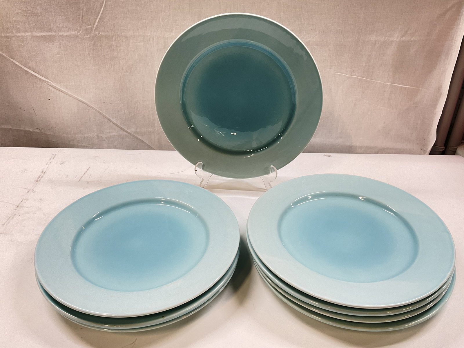 Pastel/Aqua Blue Stoneware Plates 8pcs: Pastel/Aqua Blue Stoneware Dinner plates, approx measurements 12in dia. Set of 8pcs. Underside clearly marked- home, makers mark, microwave safe, dishwasher safe, made in China, dinnerware, stoneware 