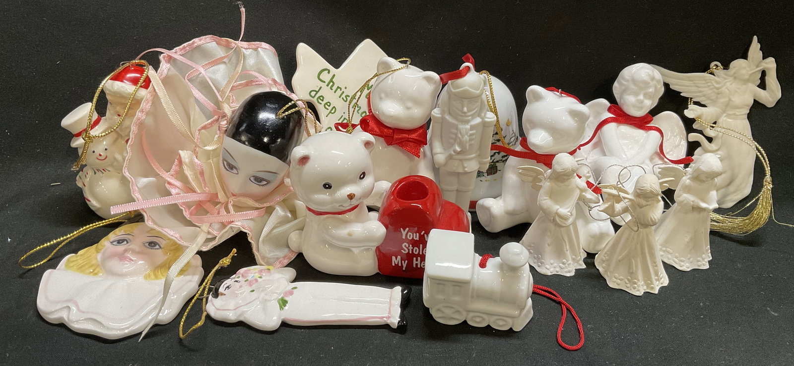 GrpLt16 VTG Schmid+ White Xmas Ornaments: 16 Vintage Circa 1960s-1980s White Christmas Ornaments. Red, Pink, and Green Accents. Various Brands, Figures, and Dates Such as 1980s Michael Oks for Schmid Pierrot Love Collection Clowns, Angels Inc
