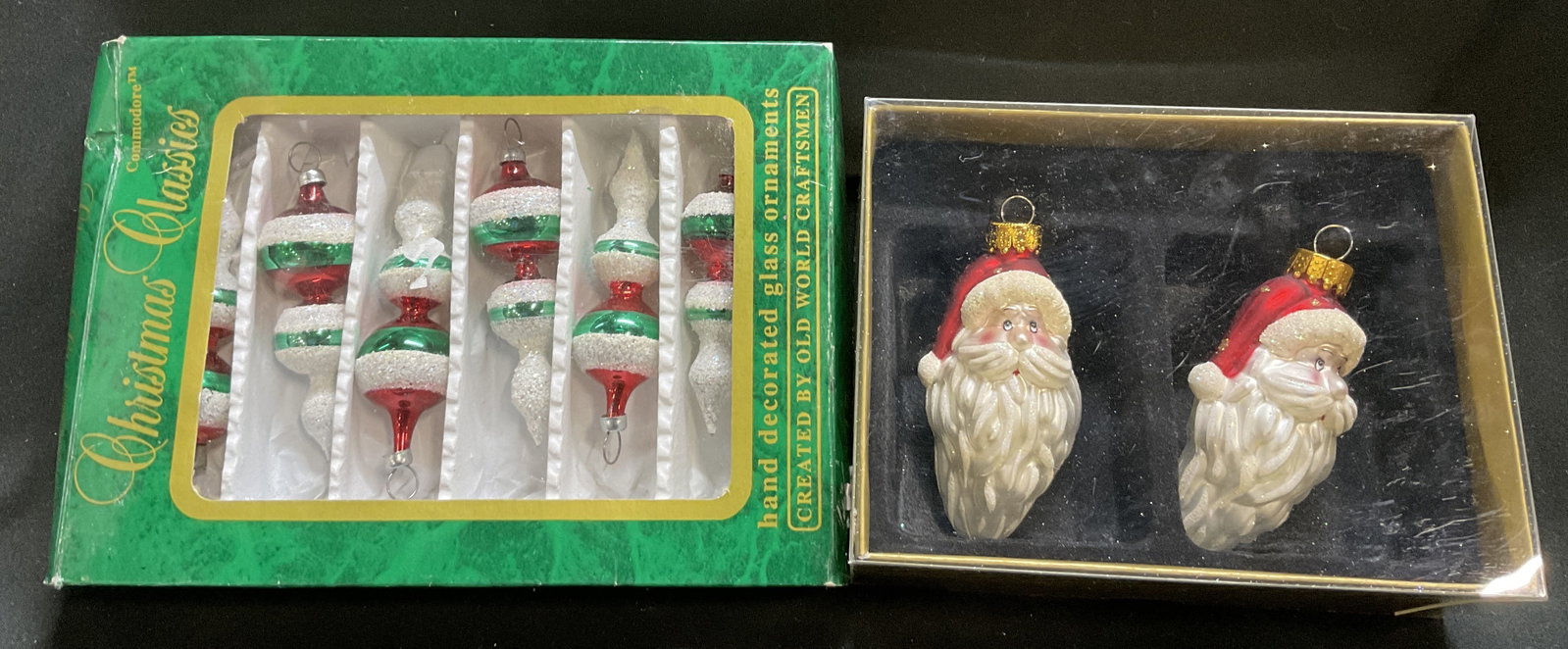 Lt2 VTG Christmas Classics Ornaments MEXICO+: 2 Boxes of Vintage and Vintage-Style Glass Ornaments. Includes Christmas Classics Hand Decorated Red, Green, and White Elongated Teardrop Glass Ornaments Created by Old World Craftsmen Expressly for C