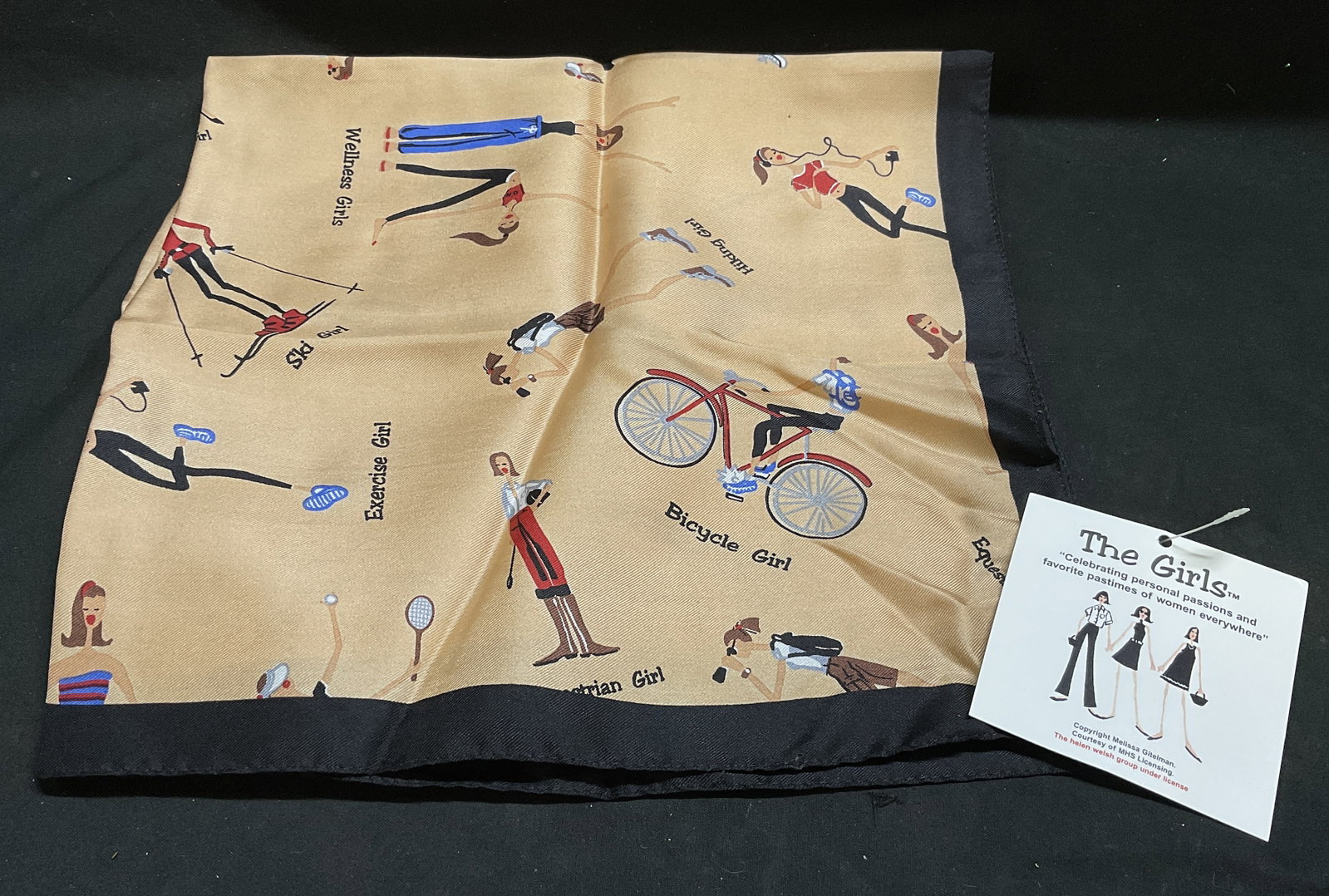 NWT VINTAGE The Girls 100% Silk Scarf ITALY: New with Tags Vintage The Girls 100% Silk Scarf. Made in Italy. Various Illustrations of Women Performing Activities Such as Biking, Skiing, Golfing and More. Champagne Colored Background. Condition C