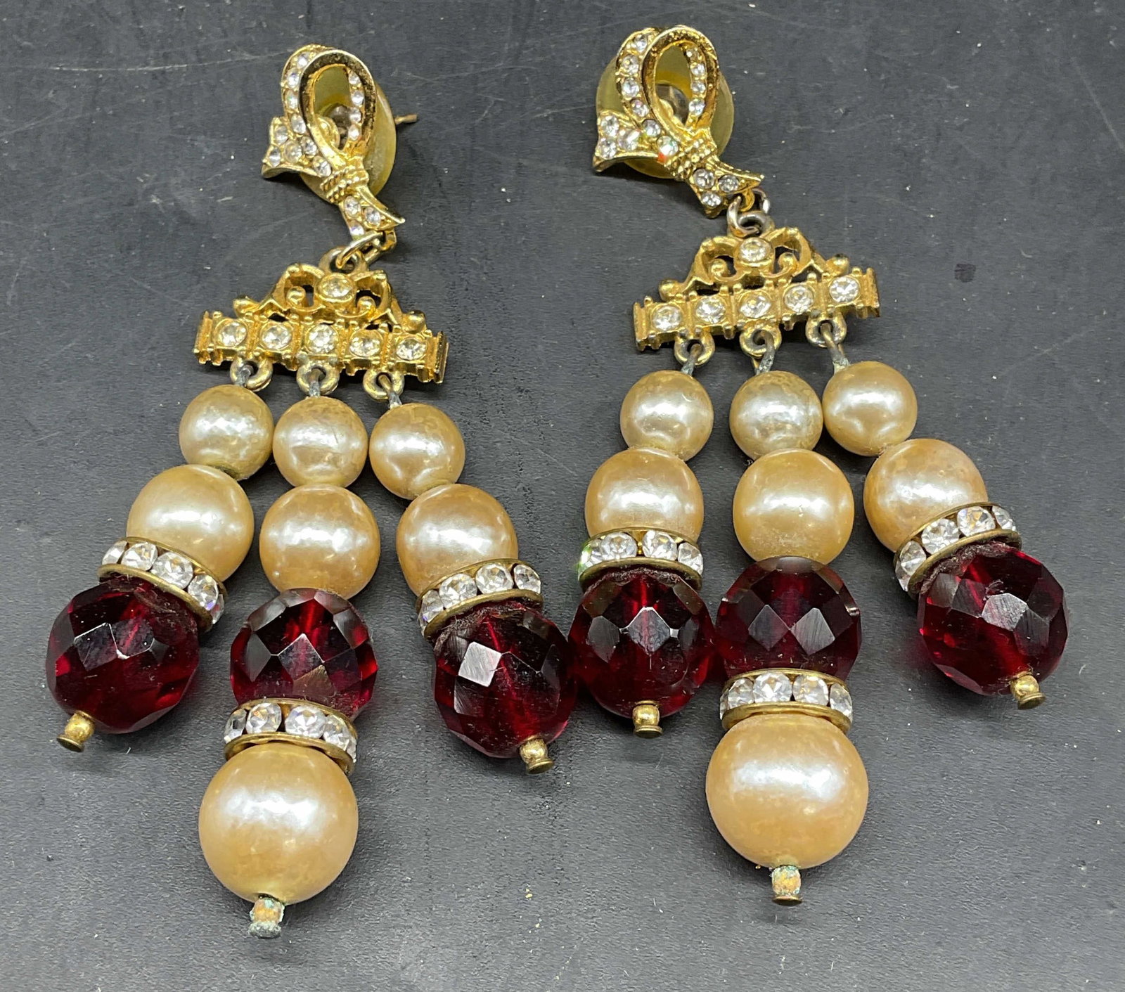 Vintage Sgn Gold Tone Faux Pearl Earrings: Vintage gold tone chandelier earrings with faux pearls and rhinestones. Measures approx. 3 x 1.5 inches. Signed illegibly. Some scratching. Jewelry, estate jewelry, costume jewelry, cocktail jewelry, 