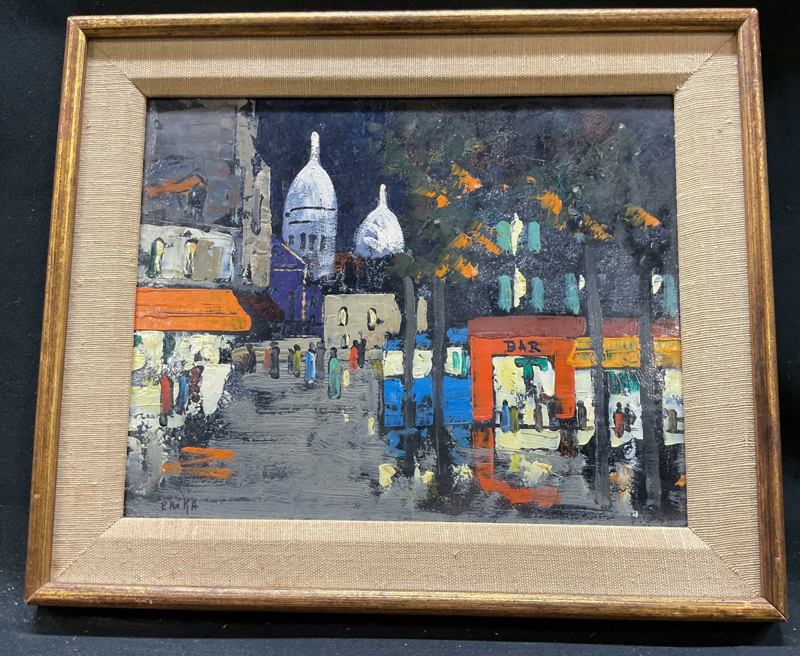 Sgnd MCM Street Scene Oil Painting: MCM oil painting of street scene, signed lower left, Erika, , silk and gold leafed wood frame, measures app 10.5 by 12.5 inches, night time scene cityscape, vibrant orange and blue accents