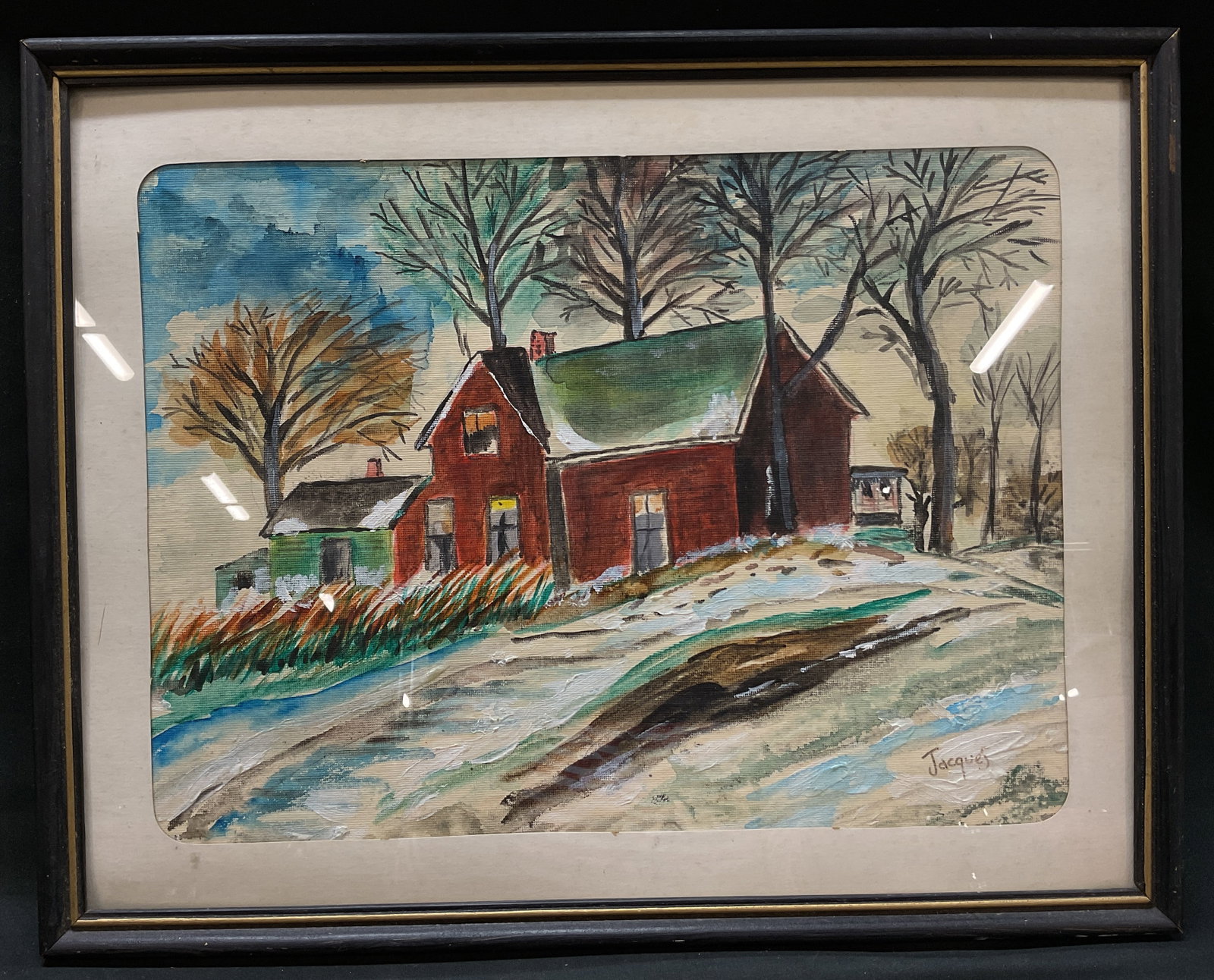 Vtg. Framed Jacques Figurative Landscape Painting: Vintage wood frame with gold accent, landscape painting on canvas, possibly watercolor and acrylic or gouache. With off white curved edge mat. Depicted is a red house with green shed, a hill of earth 