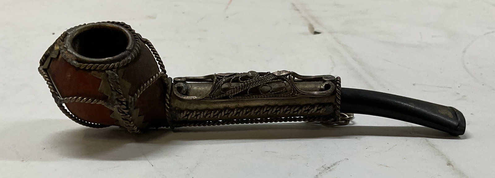 Antq Tobacco Smoking Pipe W Metal Filigree Overlay: Antique tobacco smoking pipe. European style with intricate metal rope and filigree work. Wind cap design. Made in the late 800s-early 1900s Used today as decorative pieces. Wear from age and use ,scu
