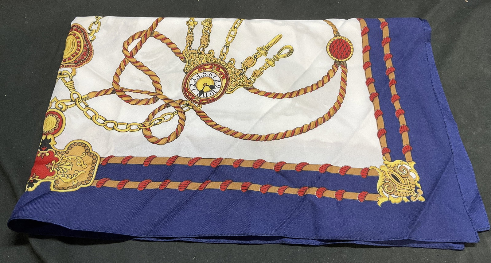 VINTAGE Satin Baroque Chains & Clocks Scarf: Vintage Satin Scarf with Chains, Ropes, and Clocks Baroque Print on White Background. Blue Border. Condition Consistent With Exposure. Measures app 29.5in L x 29in W. Vintage Scarves, Satin, Baroque P