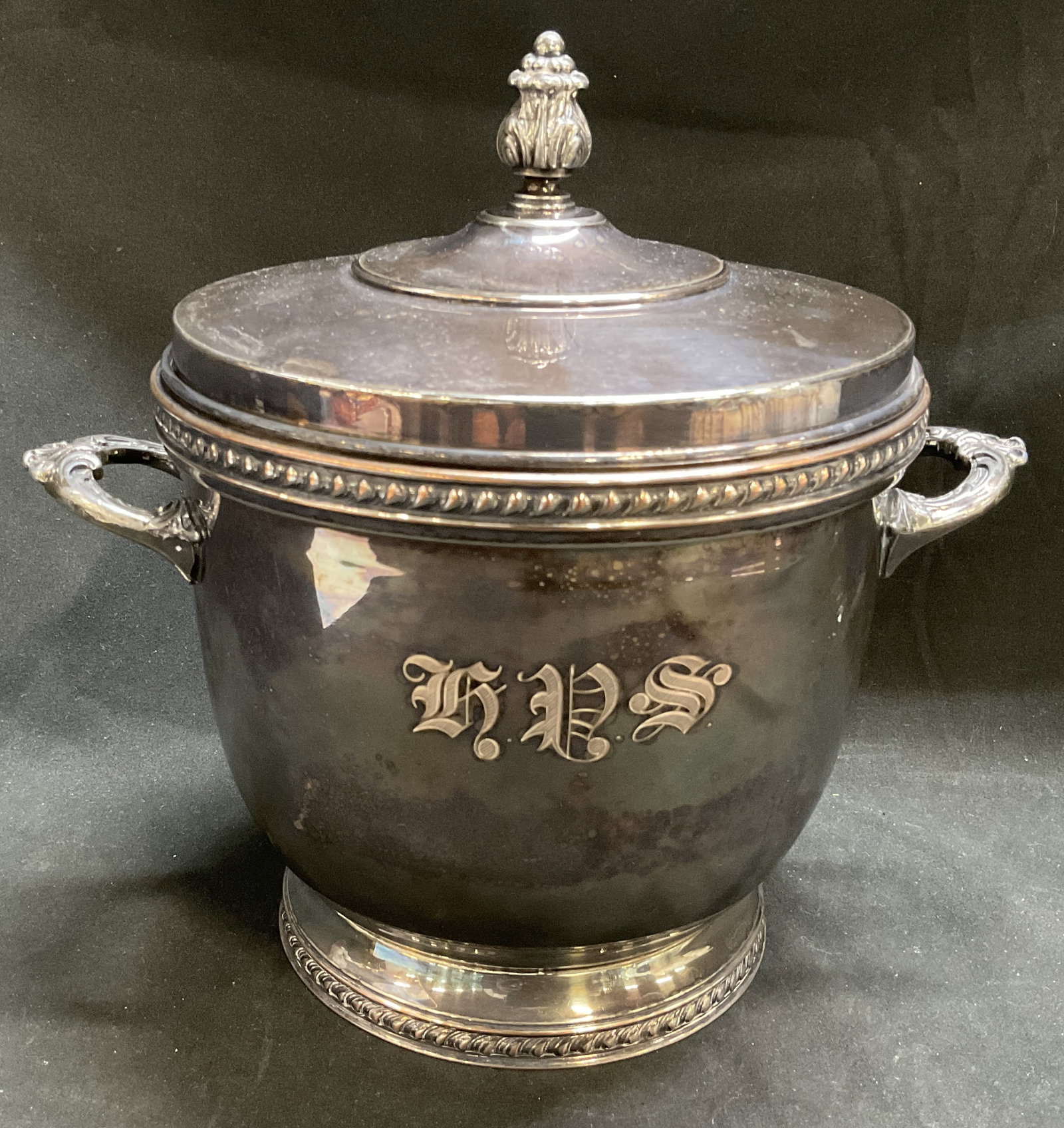 ANTIQUE Silver-Plated Ice Bucket: Antique Possibly Vintage Silver-Plated Ice Bucket. Insulated Rim. Scroll-Style Twin Handles. Floral Finial on Lid. Monogram Engraved on Front. Makers Mark and Pattern #28 On Bottom. Tarnishing Present