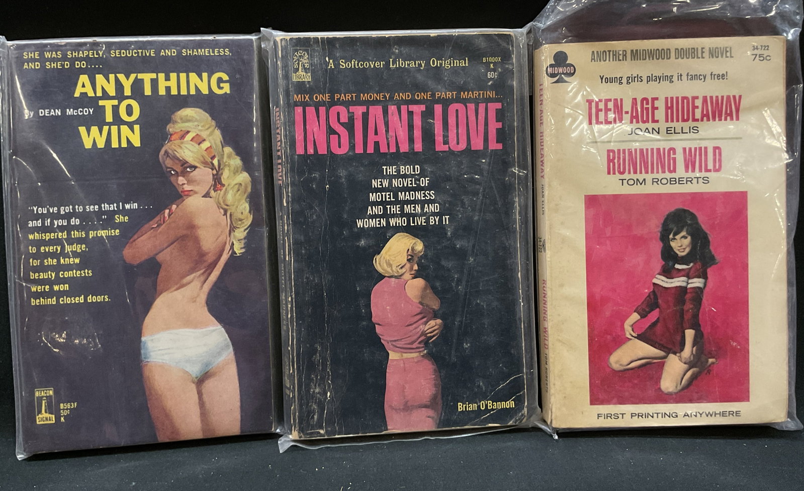 Vtg. 60s Lot 3 of Erotica Books: Vintage 1960s lot of 3 Erotica books, includes 1. Anything to Win by Dean McCoy, 1962 2. Instant Love by Brian OBannon, 1966 3. Double Book- Teenage Hideaway by Joan Ellis and Running Wild by Tom Robe