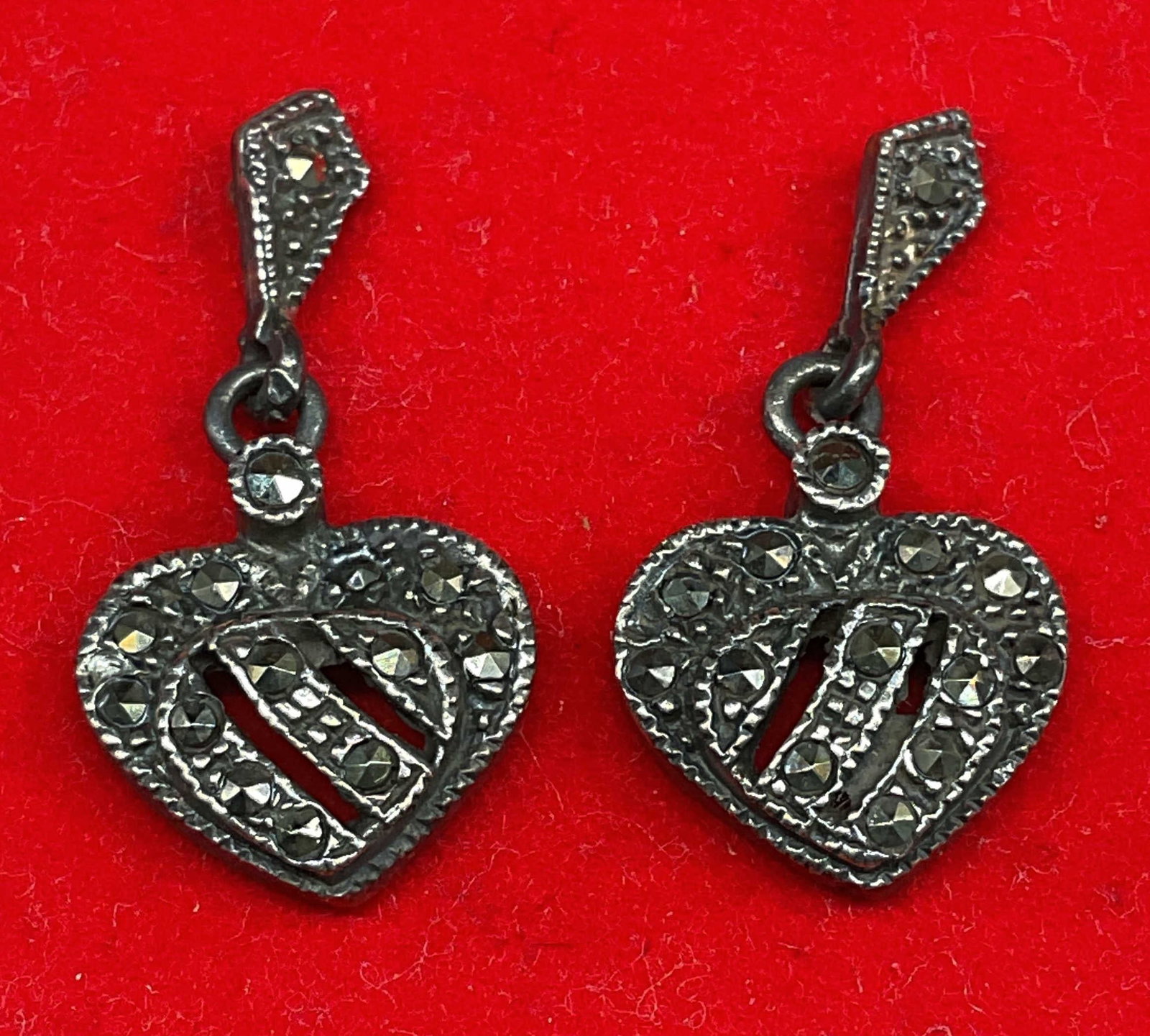 Vtg Sterling Silver Marcasite Heart Earrings (1 of 6)