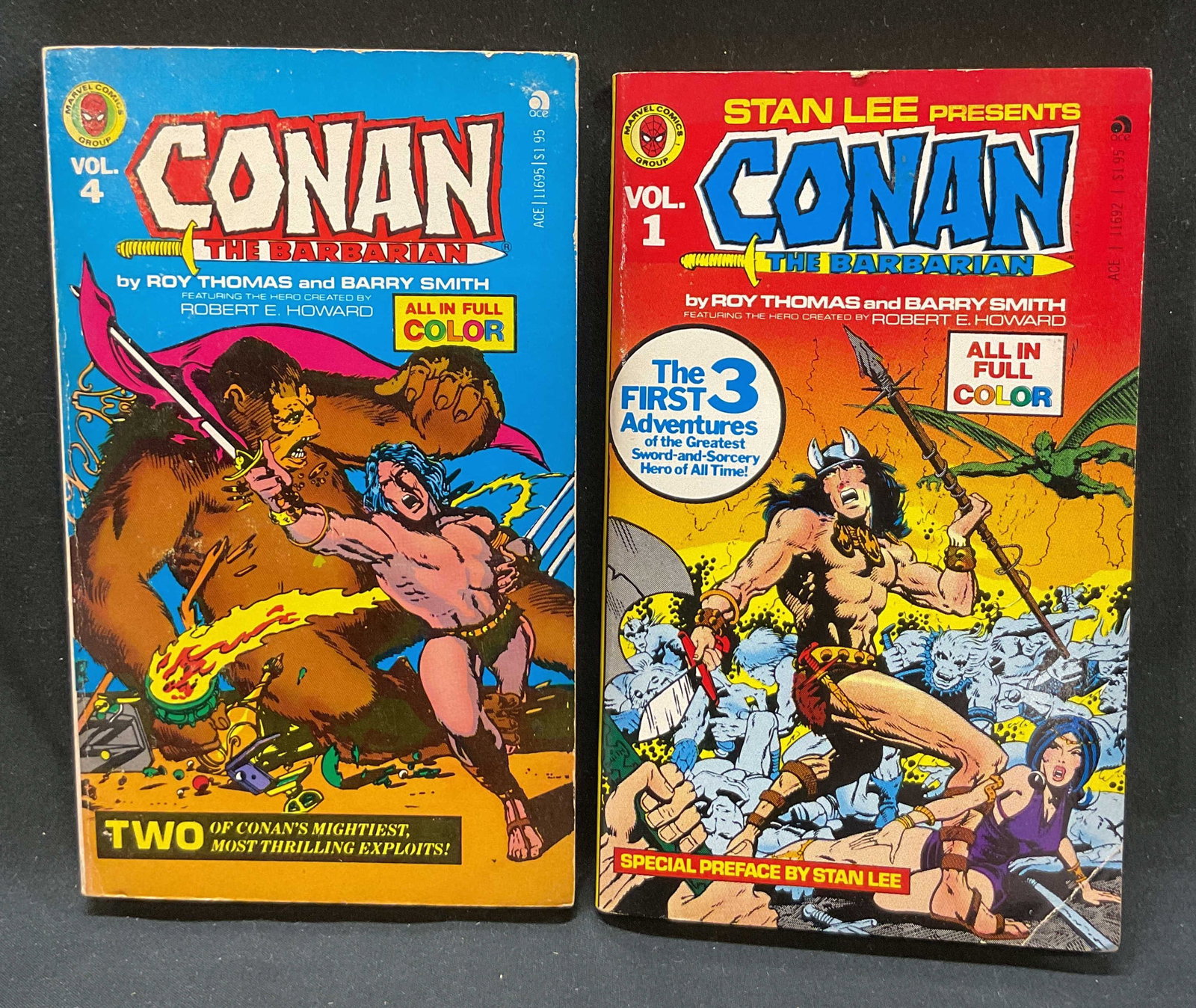 Lot 2 1978 Conan The Barbarian Comics Thomas+: Lot of 2 marvel comics. Conan The Barbarian volume 1 and 4 by Roy Thomas and Barry Smith. Features the hero created by Robert E. Howard. Published by Grosset & Dunlap, 1978. One features a special pre