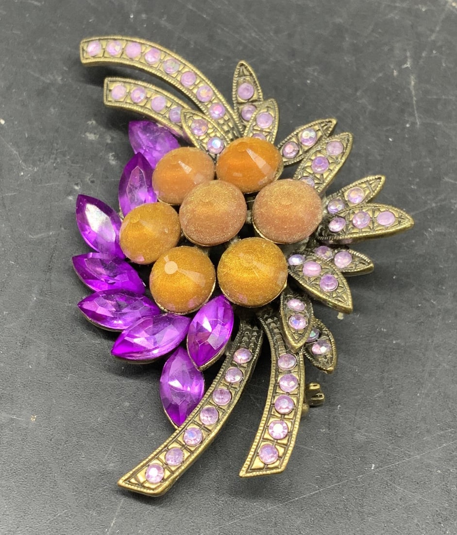 Vntg Gold Toned Purple amber Brooch: Vintage gold toned brooch with purple pink and amber Rhinestones, MCM jewelry, vintage jewelry, estate jewelry, measures app 3 inches by 1.75 inches statement brooch