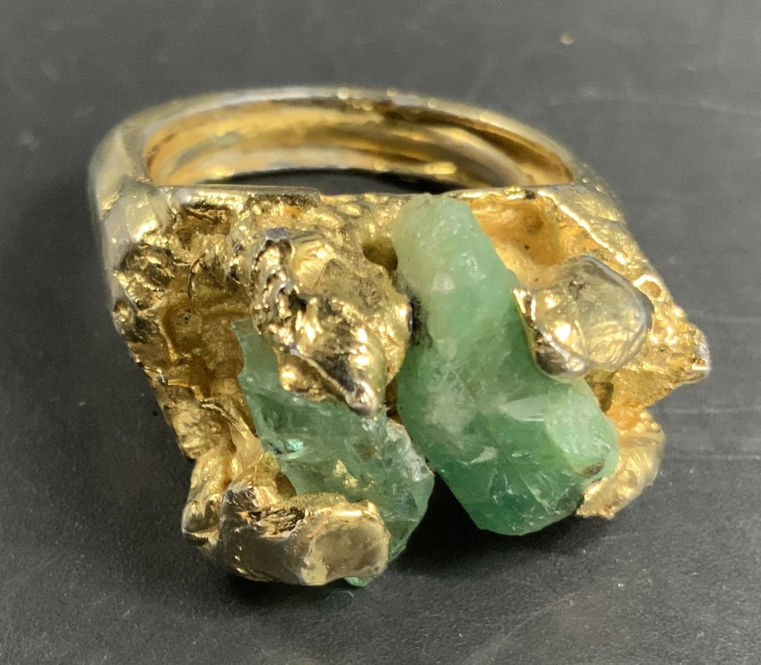 Brutalist style Yellow Gold Tn Ring Green Stones: Vintage circa 1970s Yellow gold tone cocktail ring with organic brutalist style gemstones possibly jade, modernist vintage jewelry, estate jewelry, free form heavy textured ring, adjustable sizer with