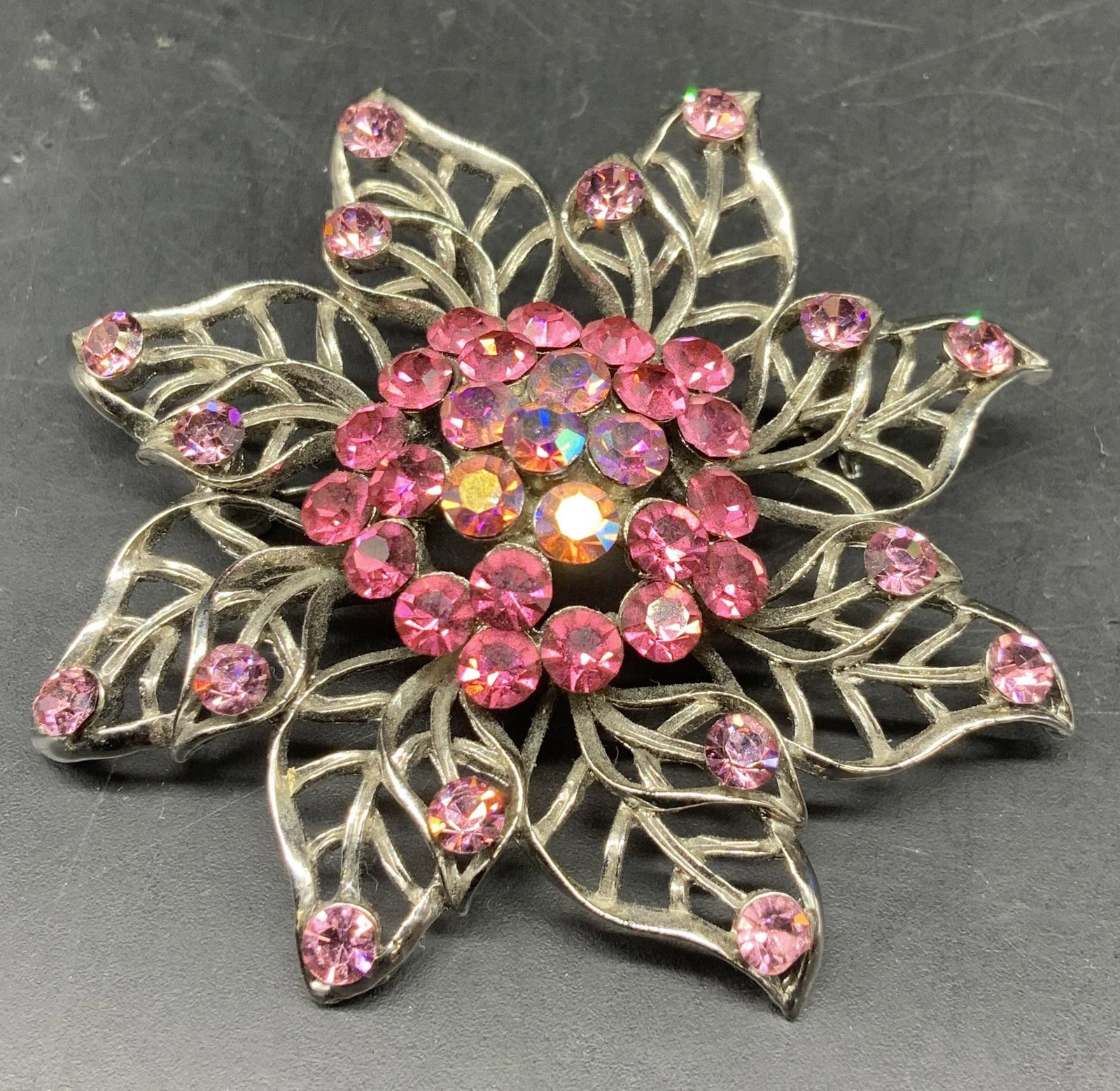 Vintage Pink Rhinestone Floral Brooch (1 of 4)