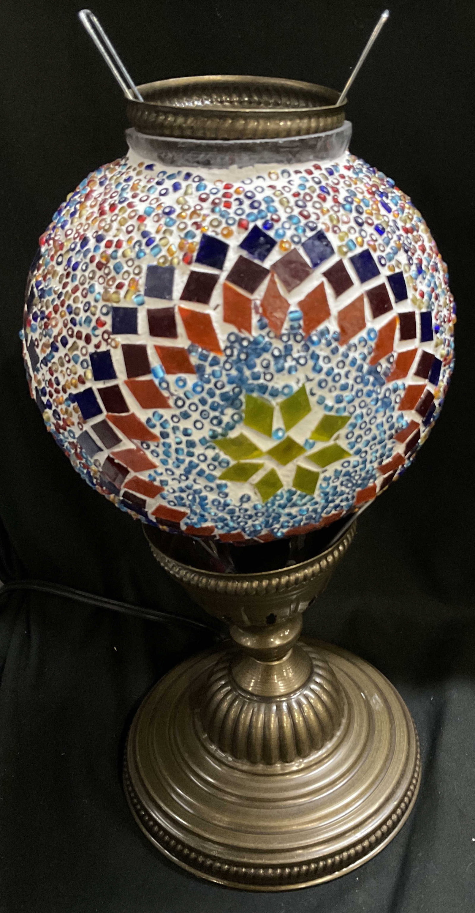 Handcrafted Moroccan-Style Mosaic Globe Table Lamp: Handcrafted Moroccan-Style Mosaic Globe Table Lamp. Glass Covered With Colorful Beads and Tiles in Star Pattern on White Background. Brass Base. Not Tested for Functionality. Chips in Glass. May Need 