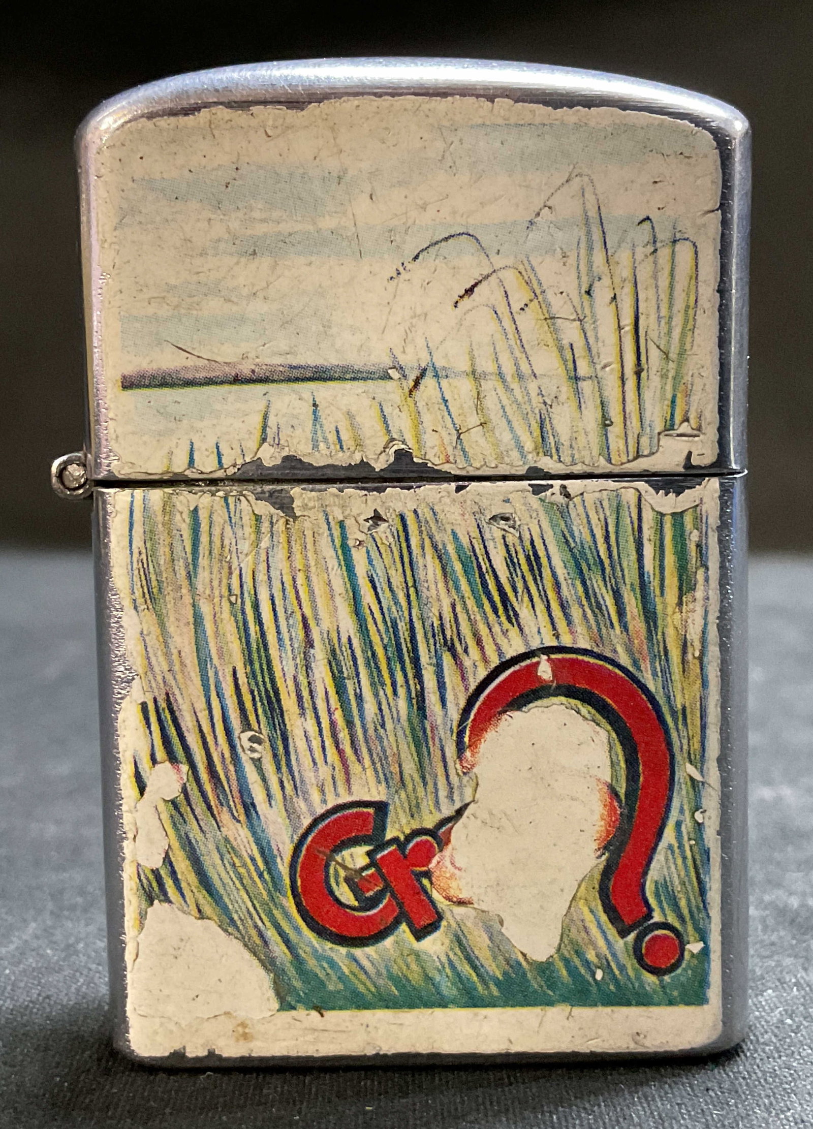 Vtg High Quality Penguin Lighter JAPAN: Vintage lighter featuring an illustration of tall grass & a distinctive red question mark logo. Silver toned. Signed & marked on underside. Reads, HIGH QUALITY LIGHTER PENGUIN. NO. 11957 JAPAN. Surfac