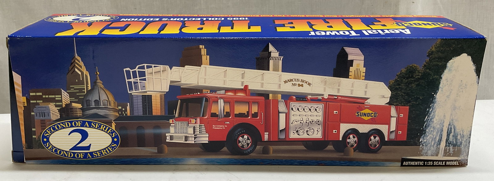 1995 Sunoco Aerial Tower Fire Truck W Box: 1995 Sunoco Collectors Edition Aerial tower fire truck. Second of a series. Authentic 1:35 scale model. Comes with original box. Surface wear consistent to age, use & exposure. Measurements: length 15
