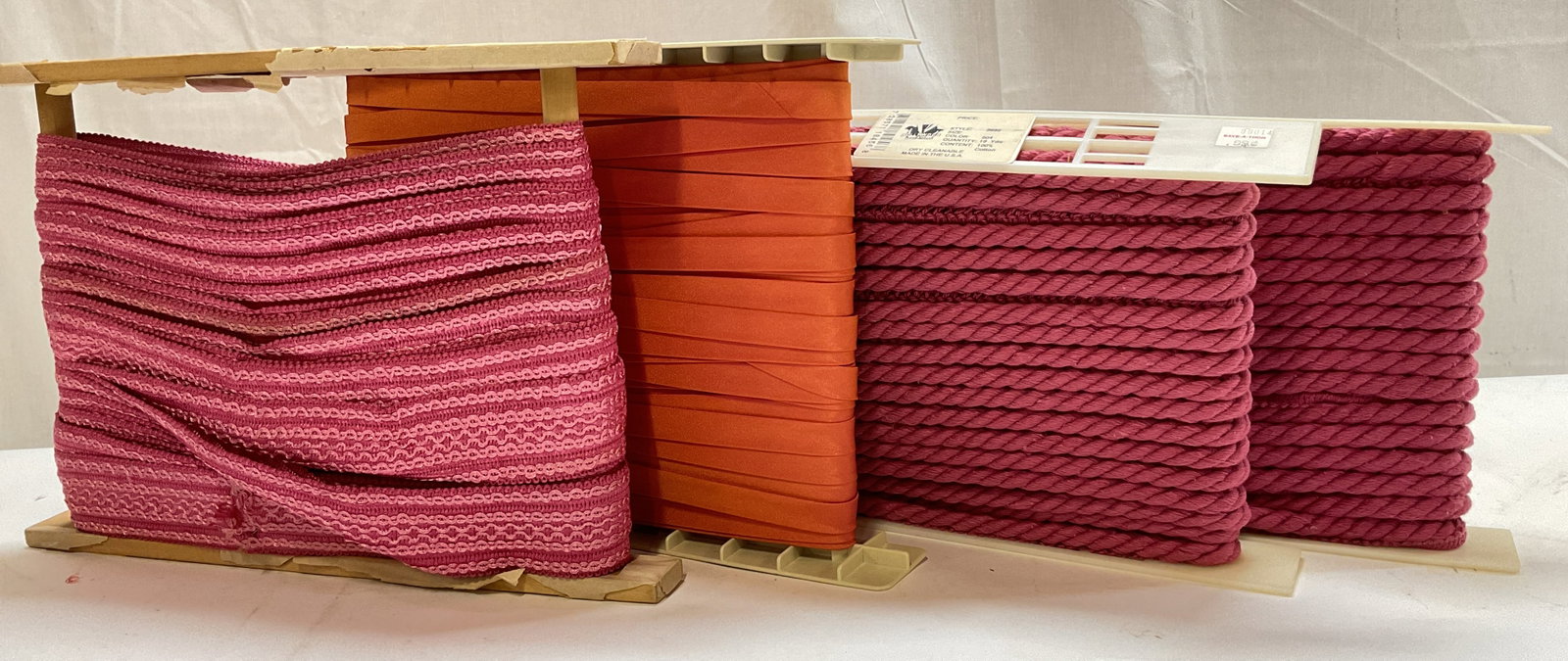 Mxd Lt4 Assorted Pink Trims: Lt 4 Trims Dark Pink Assorted Trim. 2 Hollywood Pink Twist Rope Trim style 2965 color 504 originally 18yds per roll, made Los Angeles California. 1 Conso style 11803 color 15, originally 36 Yards Per
