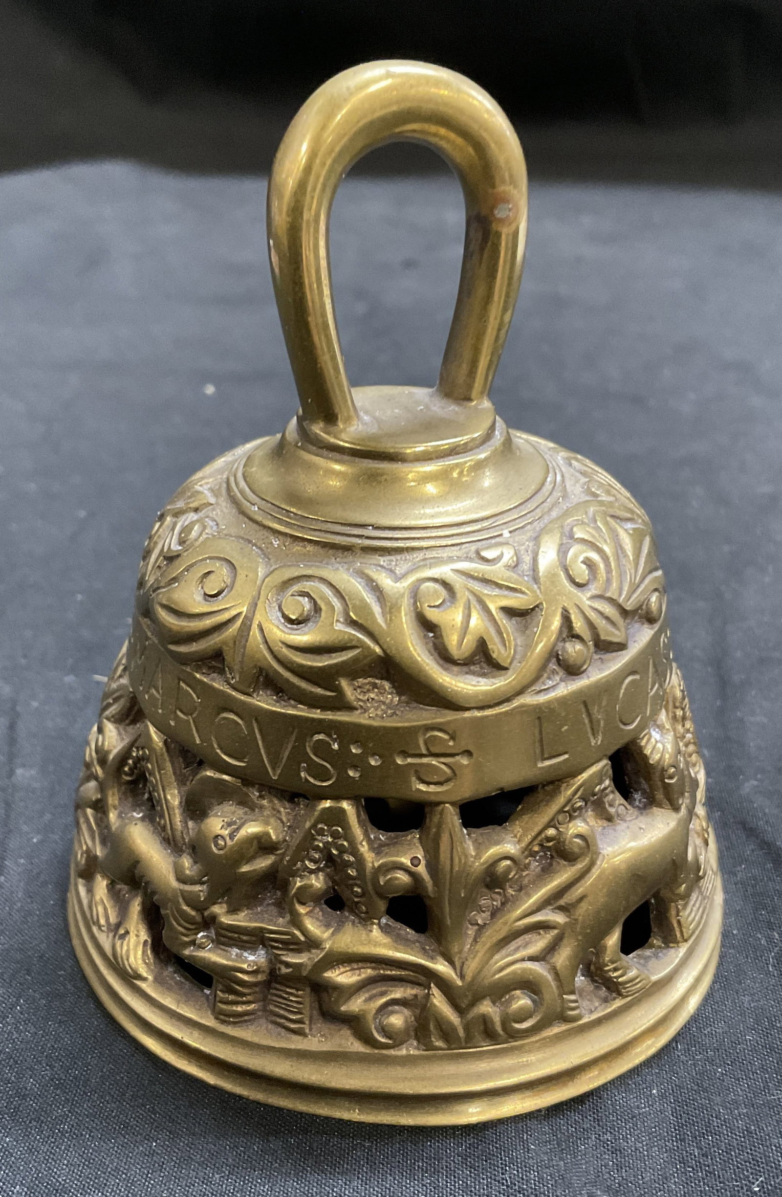 ANTIQUE Brass Evangelists Themed Altar Bell: Antique, Possibly Vintage Circa Late 19th Century to Mid 20th Century Brass Evangelists Themed Catholic Altar Bell. Intricately Embossed with Biblical Figures and Scrollwork. Pierced Relief Designs.