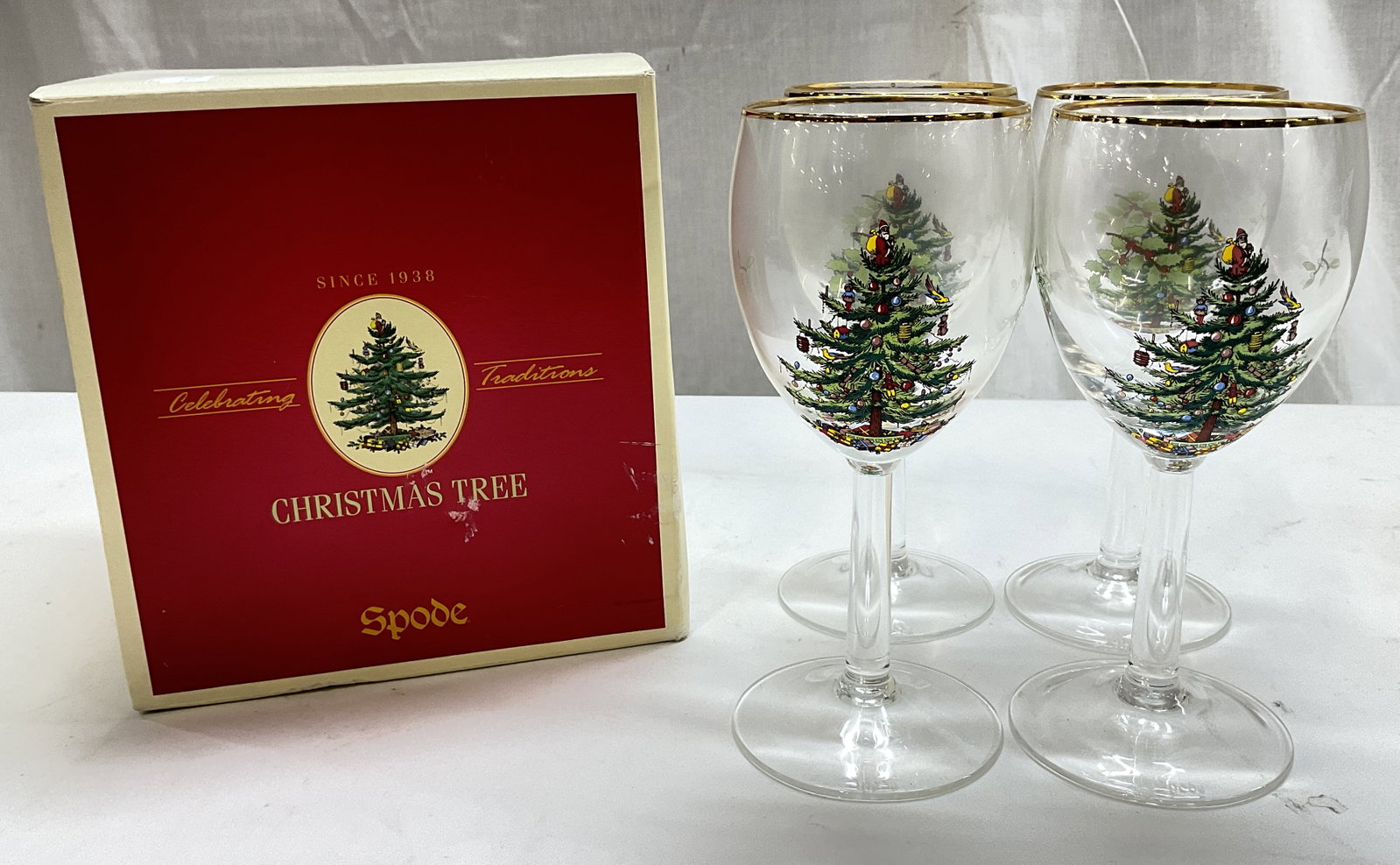 Vtg Lt4 Spode Xmas Tree 13oz Wine Glasses (1 of 6)