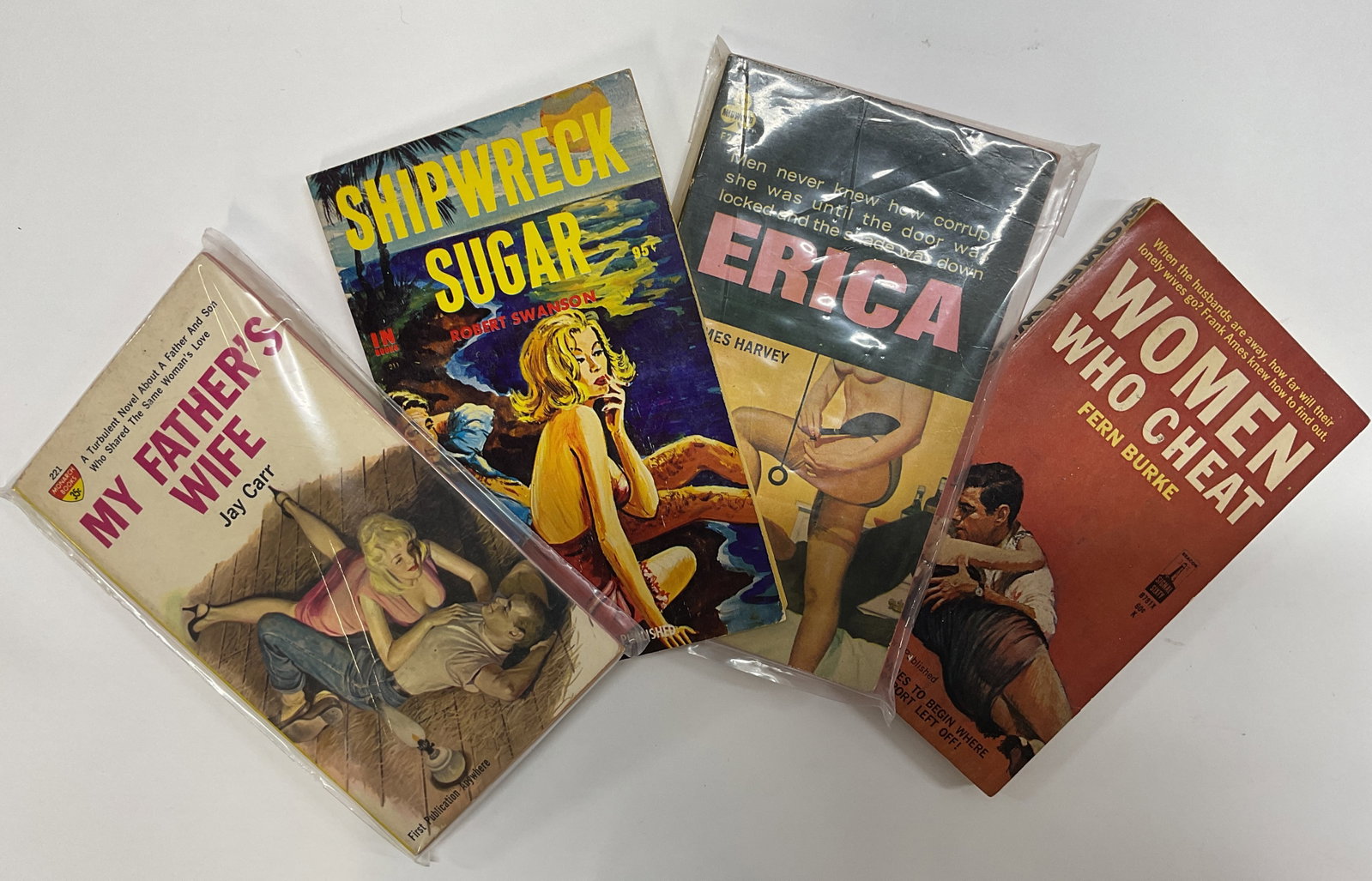 Vtg 1960s Lt4 Pulp Fiction Books: Vintage 1930-50s Lot 4, pulp fiction, Includes 1.My Fathers Wife by Jay Carr, 1961 2. Shipwreck Sugar by Robert Swanson, 1967 3. Erica by James Harvey, 1963 4. Women Who Cheat by Fern Burke, 1964