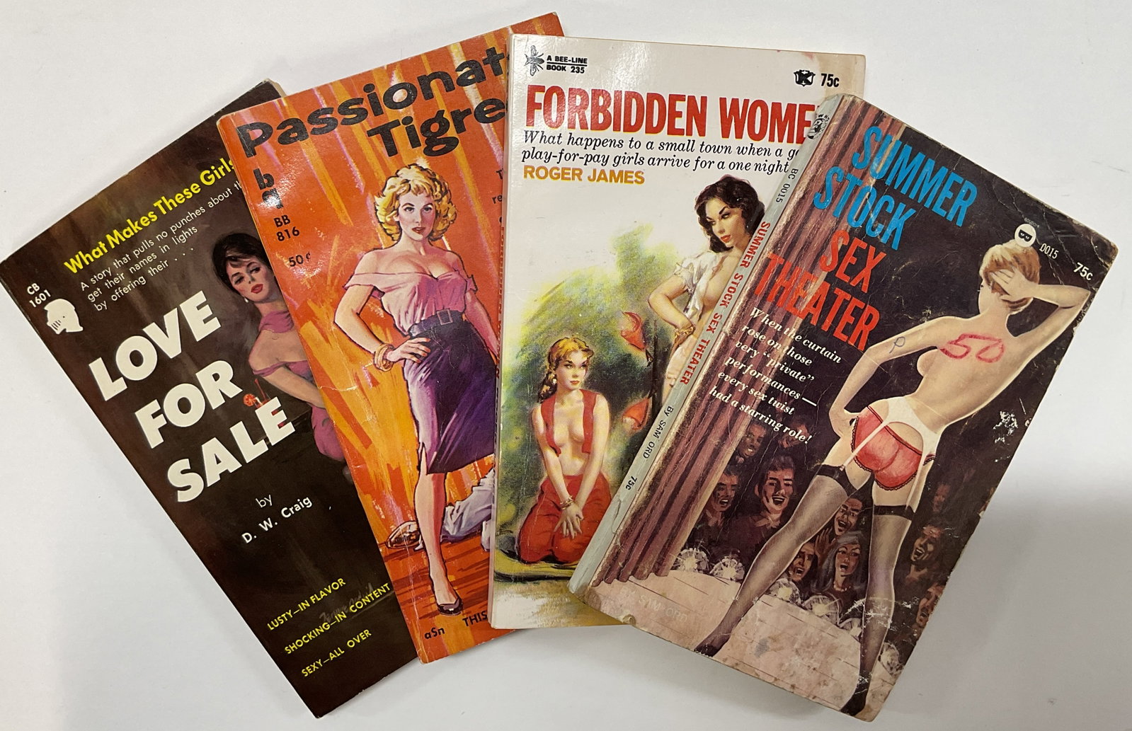 Vtg Lt4 1960s Erotica Pulp Fiction Books: Vintage lot of 4 erotica pulp fiction books. 1. Love For Sale by D. W. Craig,1961 2. Passionate Tigress by John Saxon, 1959 3. Forbidden Women by Roger James, 1967 4. Summer Stock Sex Theater by Sam