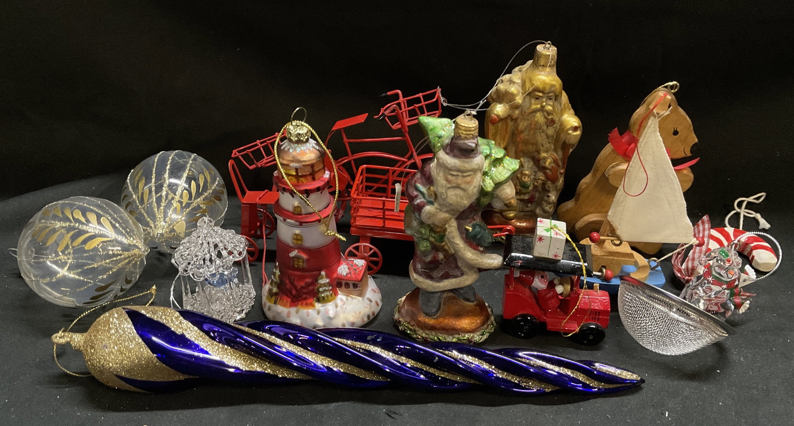 Lt15 VINTAGE+ Christmas Ornaments: 15 Vintage and Vintage-Style Christmas Ornaments. Various Materials Such as Glass, Metal, Wood, and More. Features Midwest Brand Wooden Teddy Bear, Wagons, Bicycles, Lighthouses, Sailboats, Santa