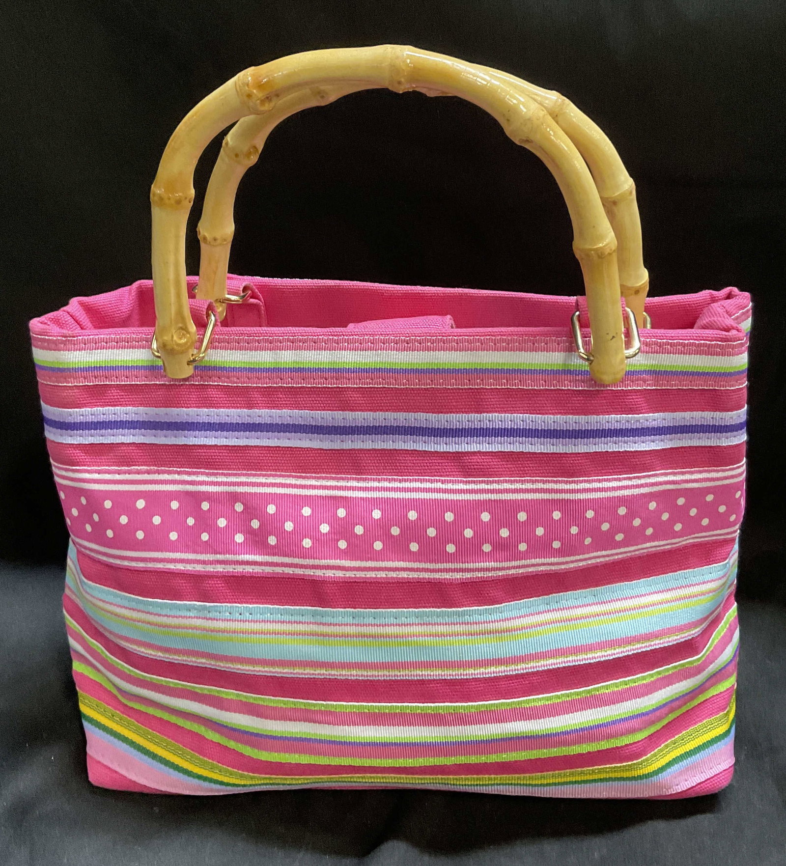 VTG Patterned Ribbon Pink Handbag Bamboo Handles (1 of 6)