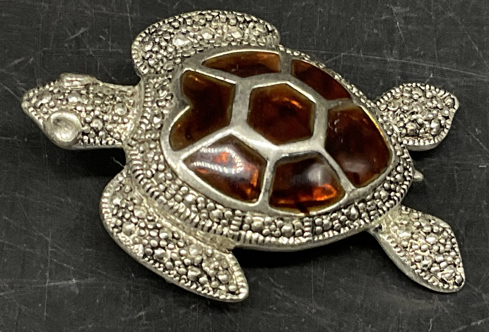 VINTAGE Silver-Toned Enamel Turtle Brooch: Vintage Silver-Toned Turtle Brooch. Granular Texturing. Brown Swirled Enamel Shell. No Visible Markings or Brand. Some Wear on Underside. Measures app 2in L. Vintage Brooches, Silver-Toned, Textured, 