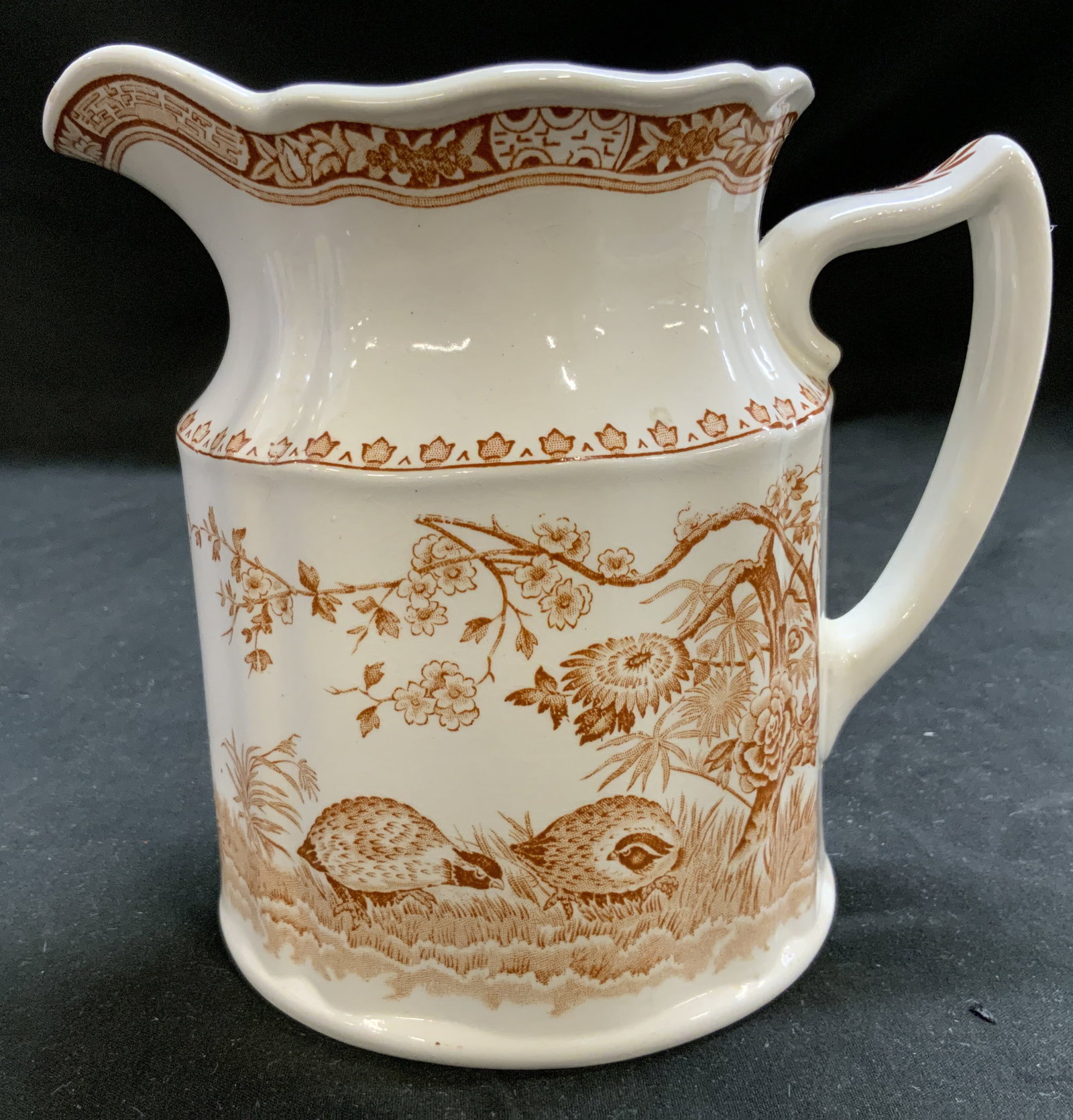 Antq c.1920s Furnivals Quail Pitcher, England: Antique Furnivals Quail pattern Transferware Pitcher. made in STAFFORDSHIRE, England. Circa 1920s. Brown transferware design two quails in natural landscape alongside cherry blossom tree branches. Upp