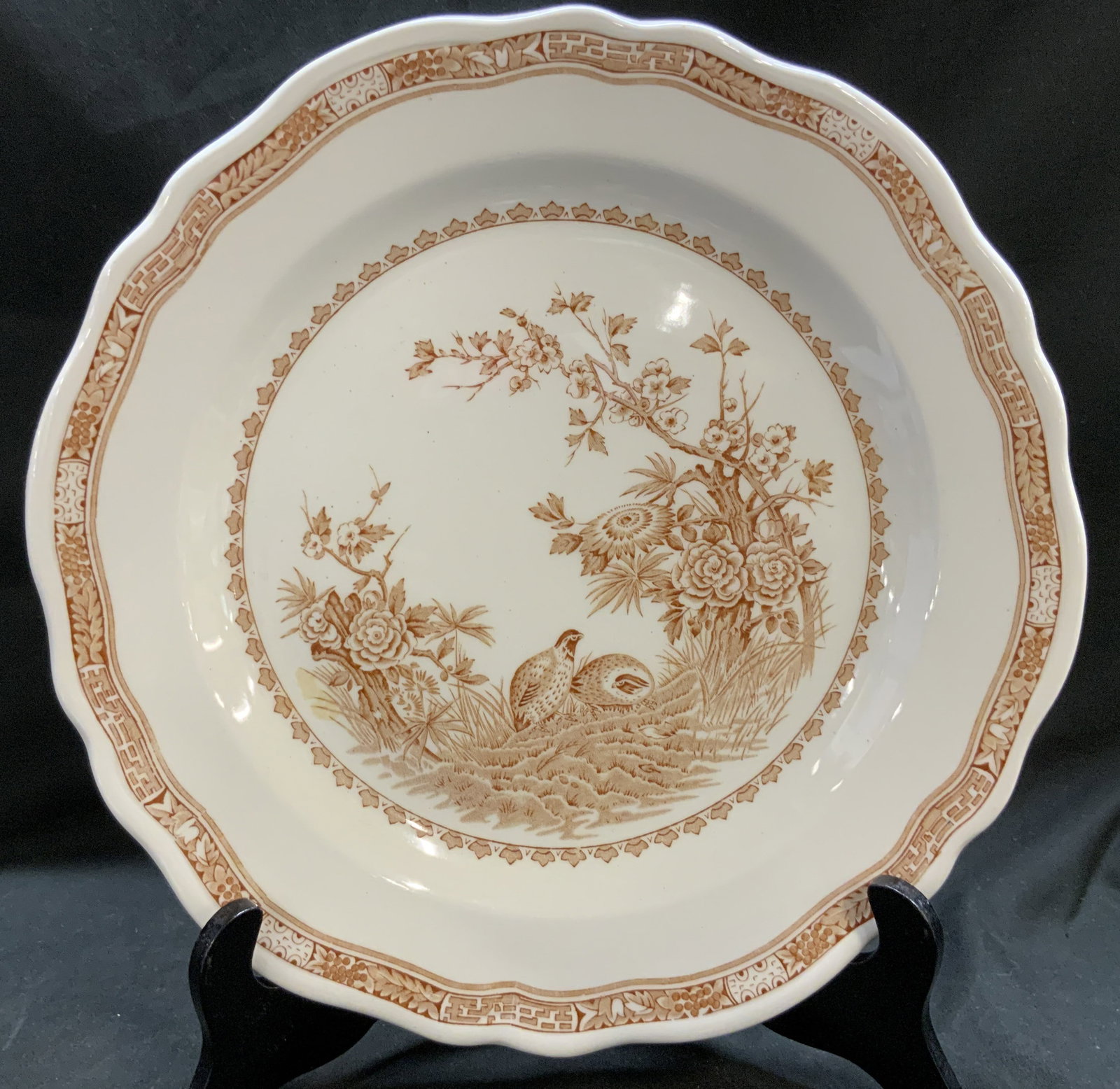 Antq c.1920s Furnivals Quail Plate, England: Antique Furnivals Quail pattern Transferware Plate. made in STAFFORDSHIRE, England. Circa 1920s. Brown transfer ware design two quails in natural landscape alongside cherry blossom tree branches. Made