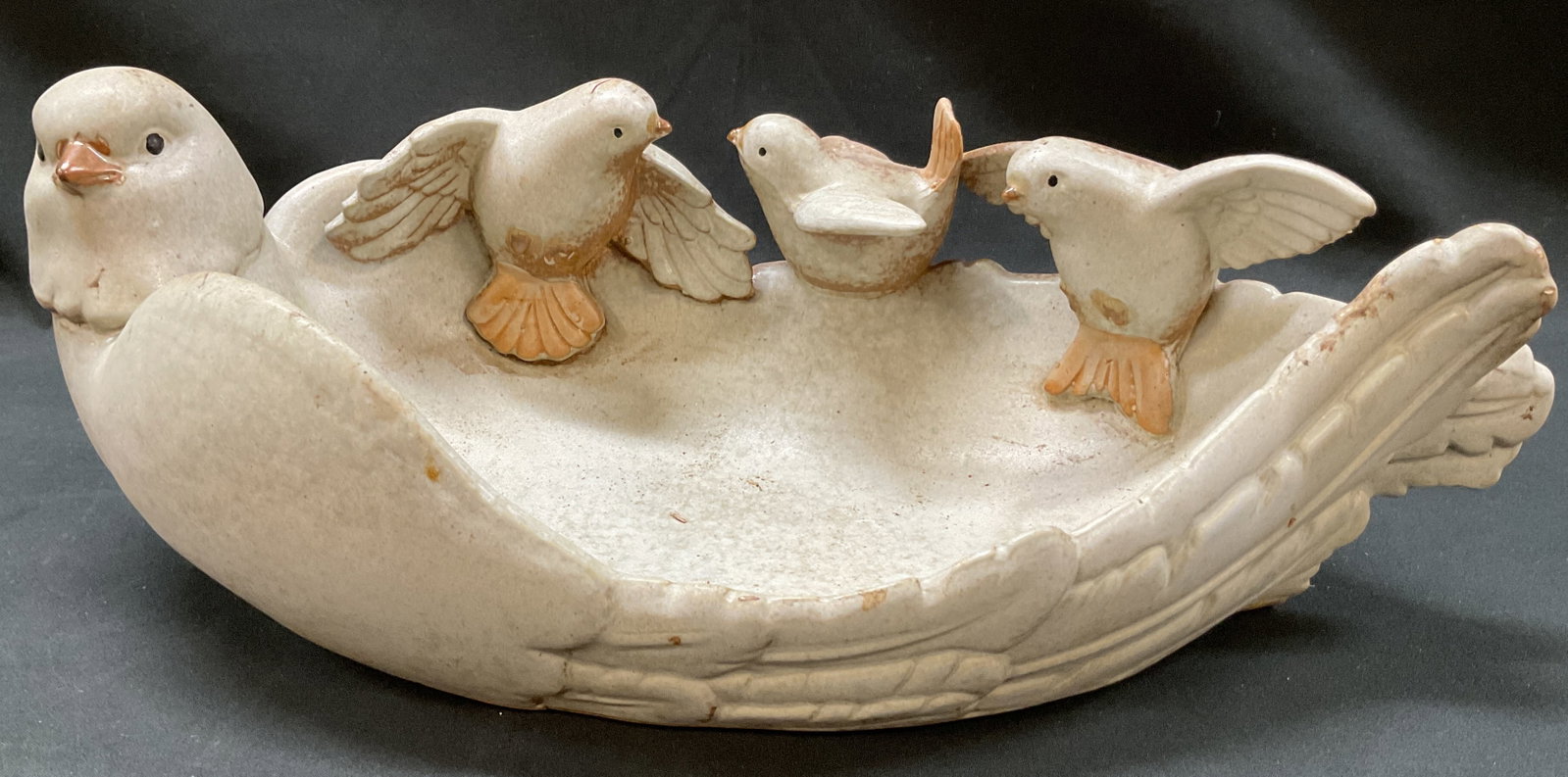 Vintage Decorative Ceramic Bird Bowl: Vintage decorative ceramic bird bowl. Bowl shaped like a bird with three bird figures on rim. Detailed features. Varying colors. Measures approx 7 x 14 x 5 inches. Surface wear consistent with exposur