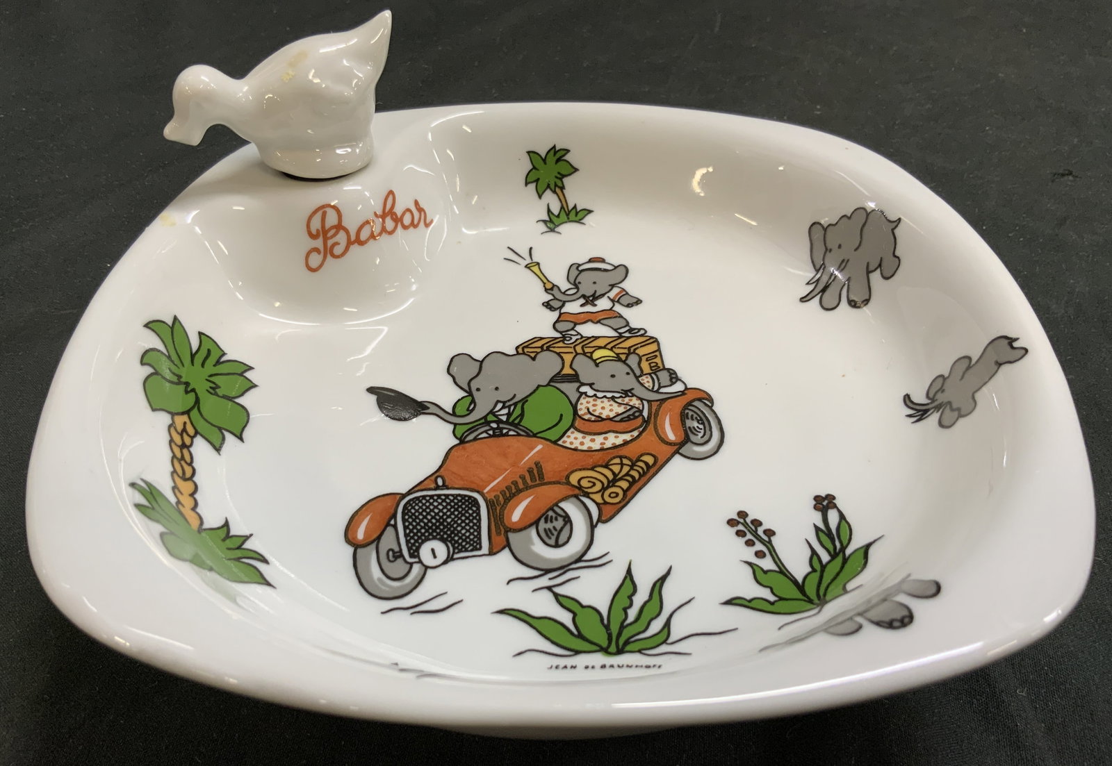 Vtg Phillippe Deshoulieres Babar Baby Plate, FR: Vintage Phillippe Deshoulieres Babar the Elephant Porcelain Warming Baby Plate. Made in France. Double walled dish meant to be filled with warm water to keep a childs food at stable temp. Decorated wi