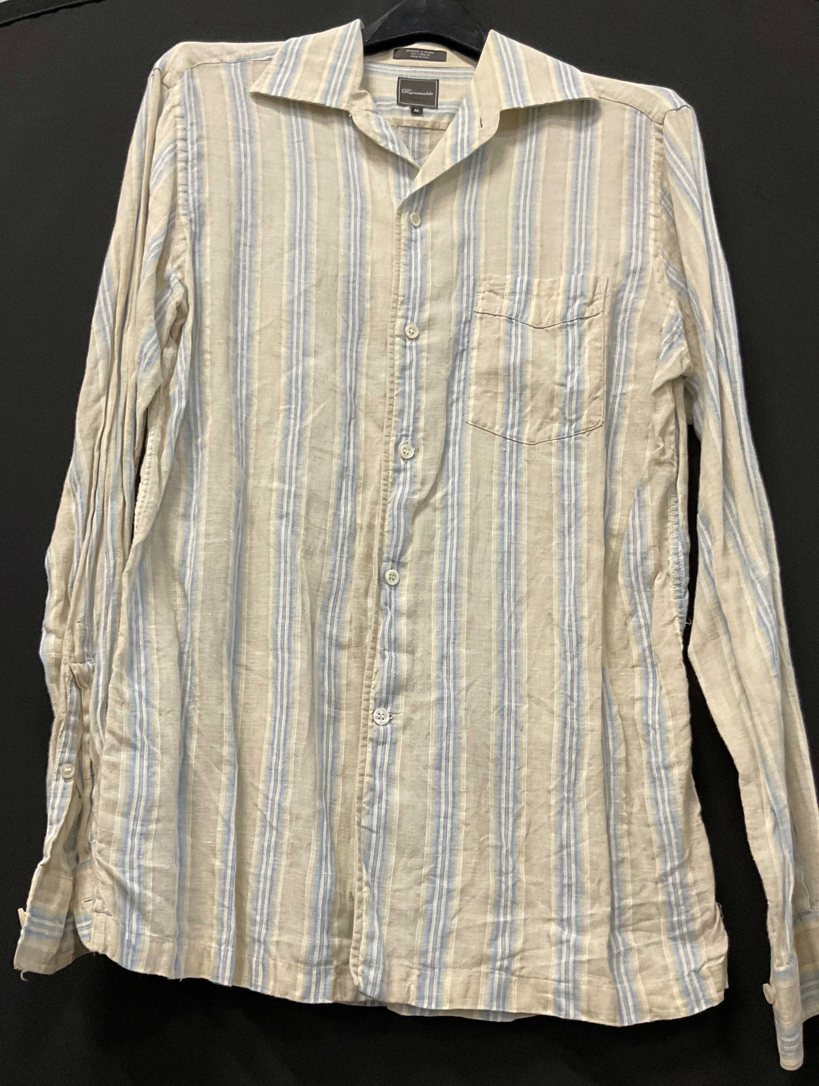 Faconnable linen blue and beige button down.: Faconnable linen blue and beige button down. Made from 100% linen designed in France made in Italy. Size medium. Has one pocket on the front left chest. Fashion, linen, France, Italy H11