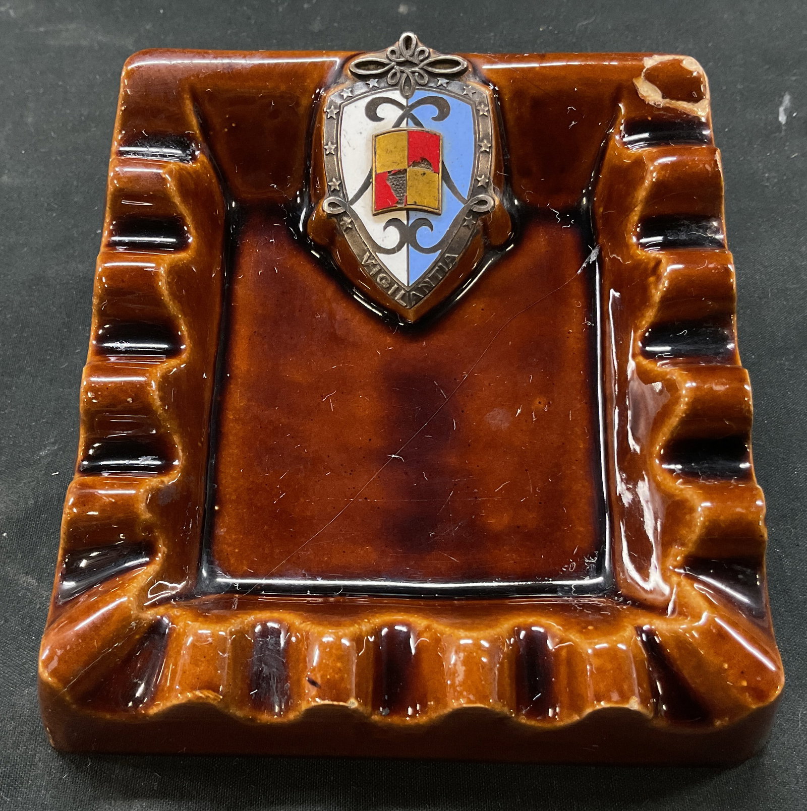 Vtg c.1950s Argema Military Ashtray, Paris: Vintage Argema Regimental Military Insignia Cigar Ashtray Vigilantia. Paris, France. Argema of Paris Artisan House. Rectangular silhouette with prominent ridges as cigar rests. Chocolate brown glaze.