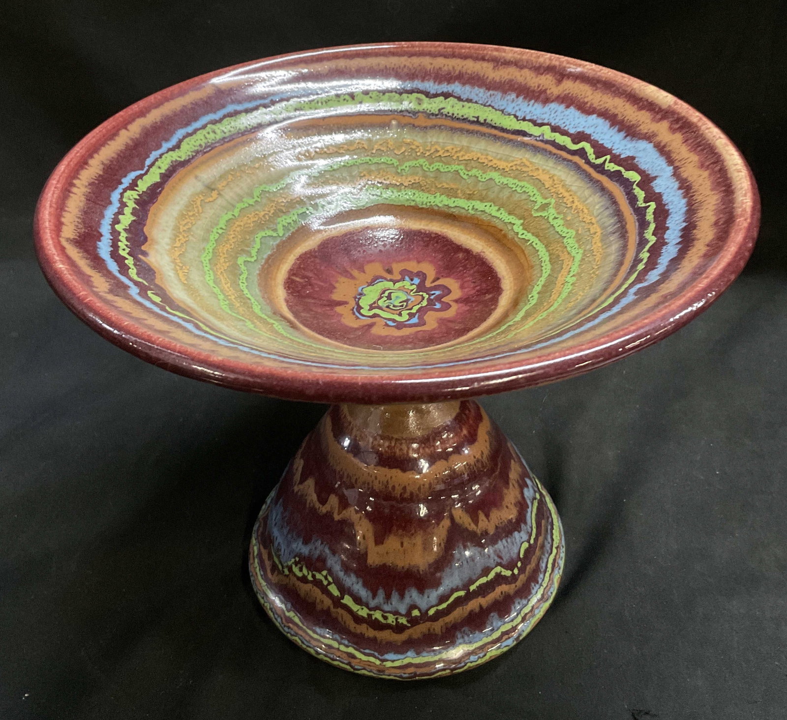 Handmade Swirl Glazed Pottery Pedestal Bowl (1 of 7)