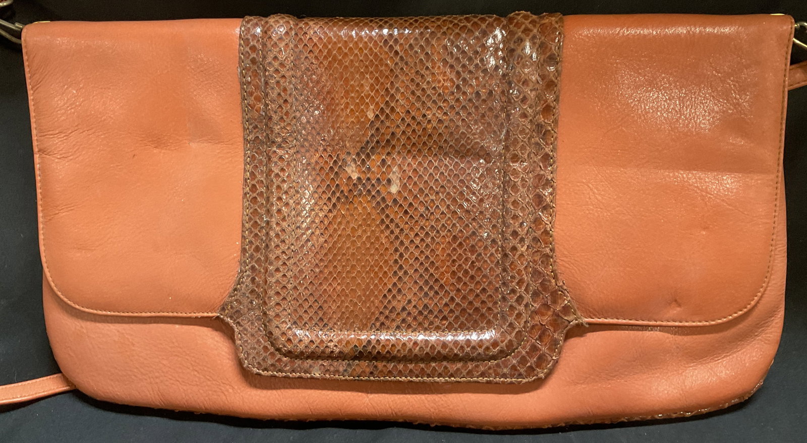 VTG Bloomingdales Leather&Snakeskin Handbag SPAIN: Vintage Circa 1970s-1980s Orange Leather Handbag with Brown Textured Snakeskin Flap And Band. Brown Fabric Interior. Made in Spain for Bloomingdales. Fraying to Snakeskin. Measures app 20in H x 13.5in