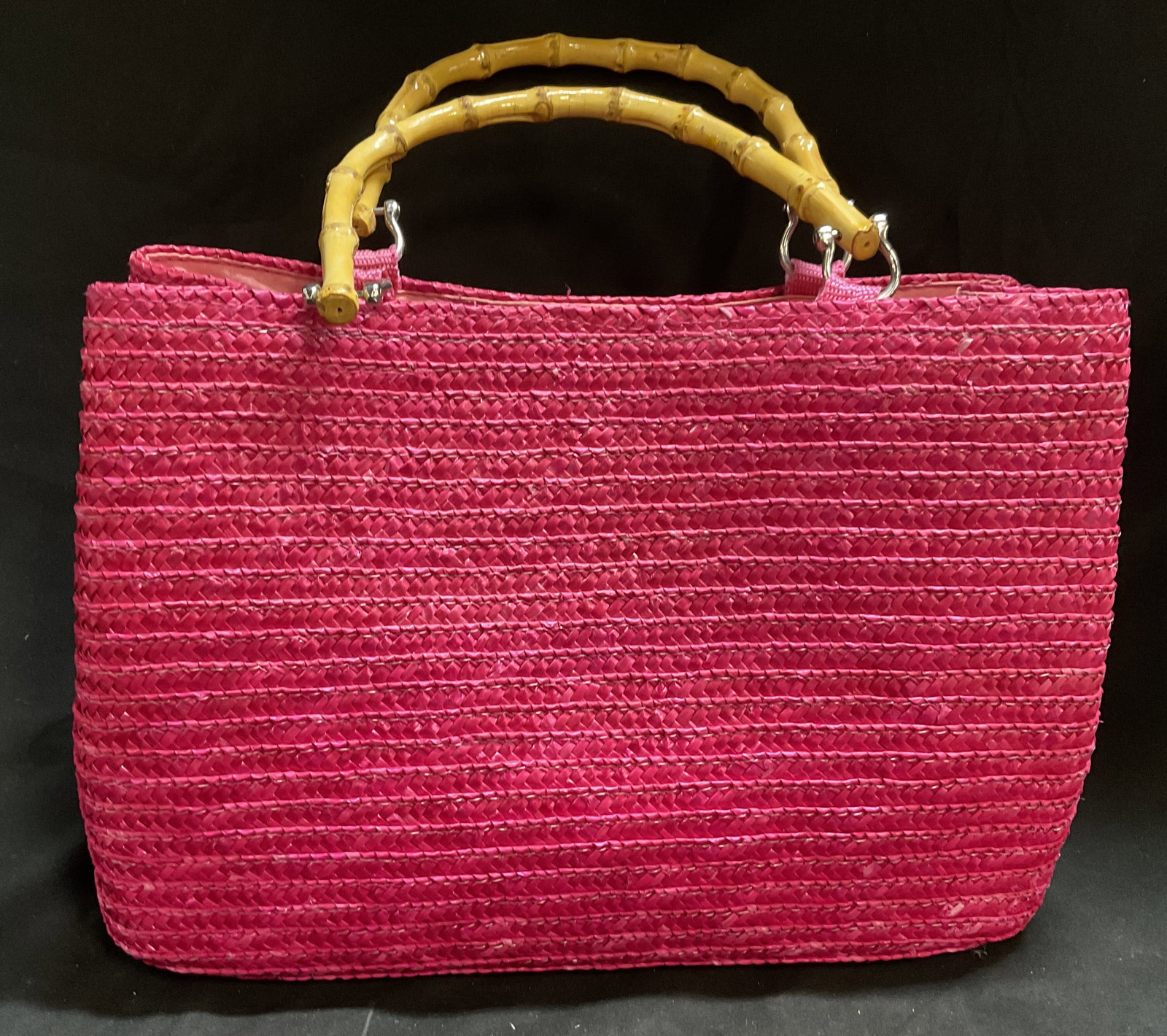 VTG Pink 100% Wheat Straw Bag Bamboo Handles (1 of 8)