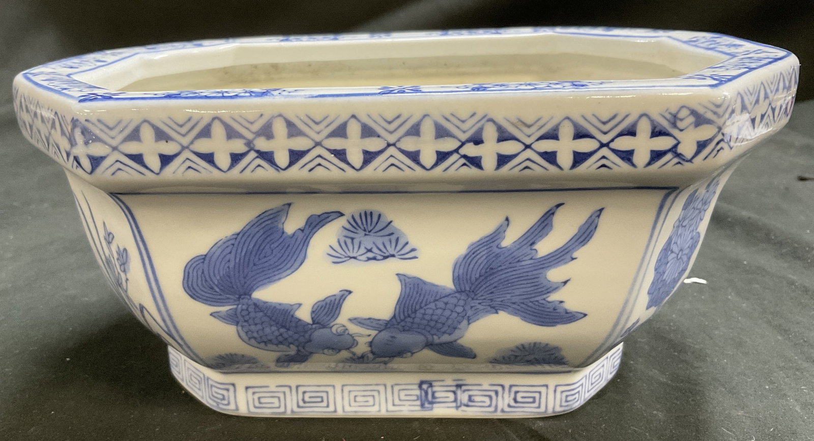 VTG CHINESE Blue&White Koi Fish Porcelain Cachepot: Vintage Chinese Blue and White Porcelain Cachepot. Octagonal Tapered Shape. Koi Fish and Floral Motifs. Originally Sold Through Gardeners Eden Circa 1980s-1990s. Condition Consistent With Exposure. Me