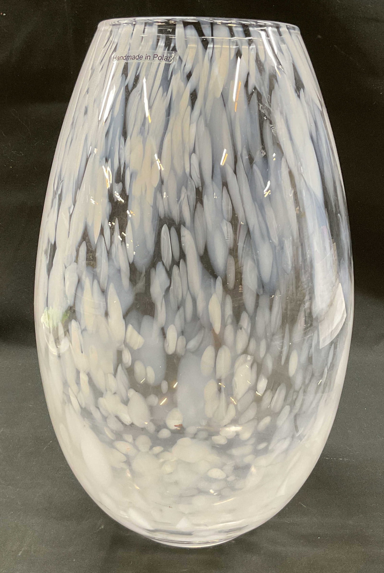 Vintage White Confetti Art Glass Vase Poland: Vintage white confetti art glass vase. Marked hand made in Poland. Large bulbous body. White confetti pattern. Measures ht approx 11 inches diam approx 4 inches. Scratching. Art glass, vase, home deco