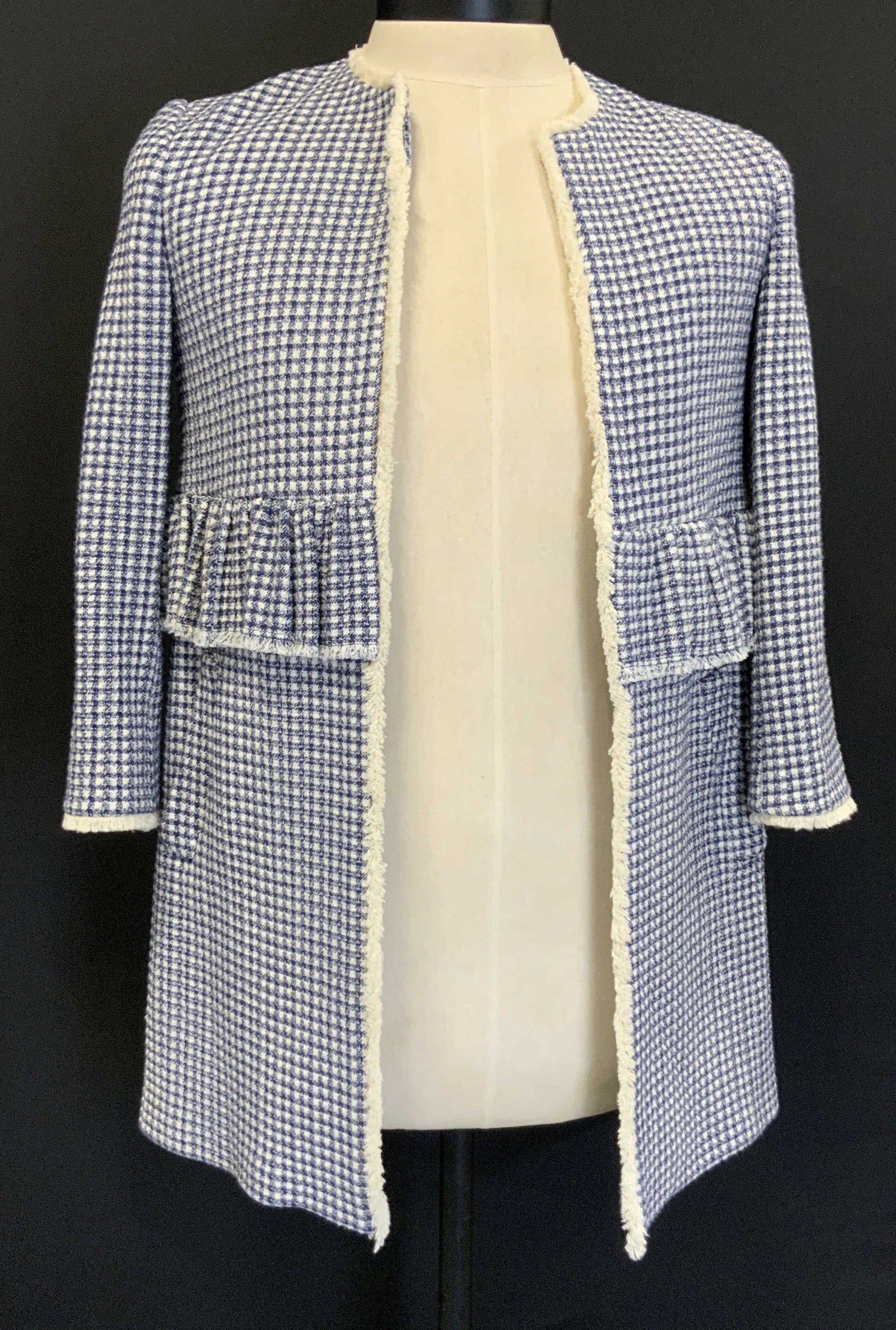 Zara tweed peplum jacket: X-ray tweed peplum jacket. Features a blue and white houndstooth pattern with frayed trim and peplum silhouette . 100% viscose material made in Morocco. Size medium Fashion, Zara , tweed, peplum H11