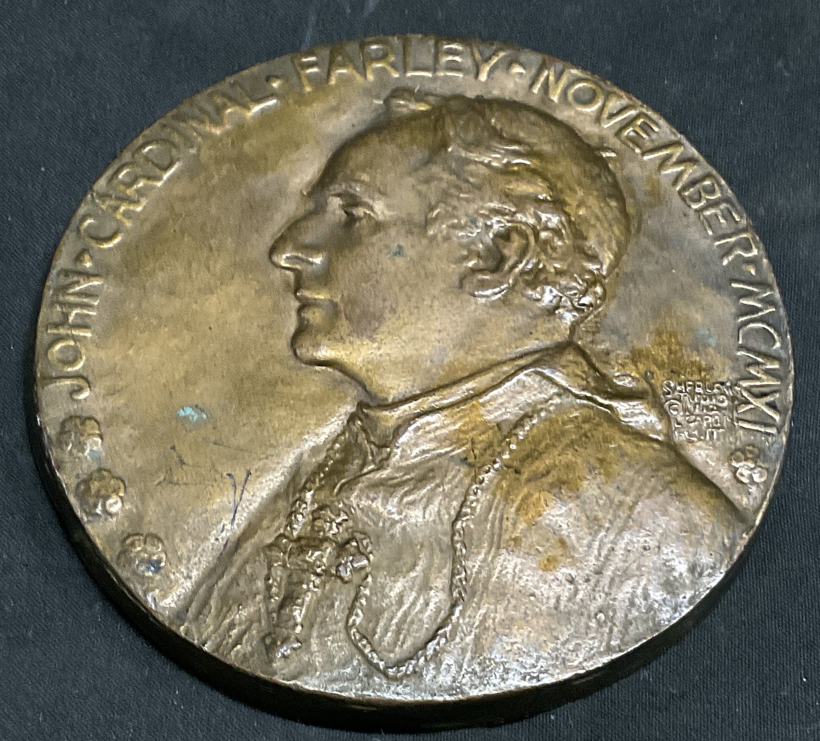 ATQ Sherlock Stud John Cardinal Farley Medallion: Antique 1912 Sherlock Studios John Cardinal Farley Medallion. Sculpted by Laura Gardin. Commemorates the Elevation of John Cardinal Farley to the Cardinalate in 1911. Copper Front Skin and White