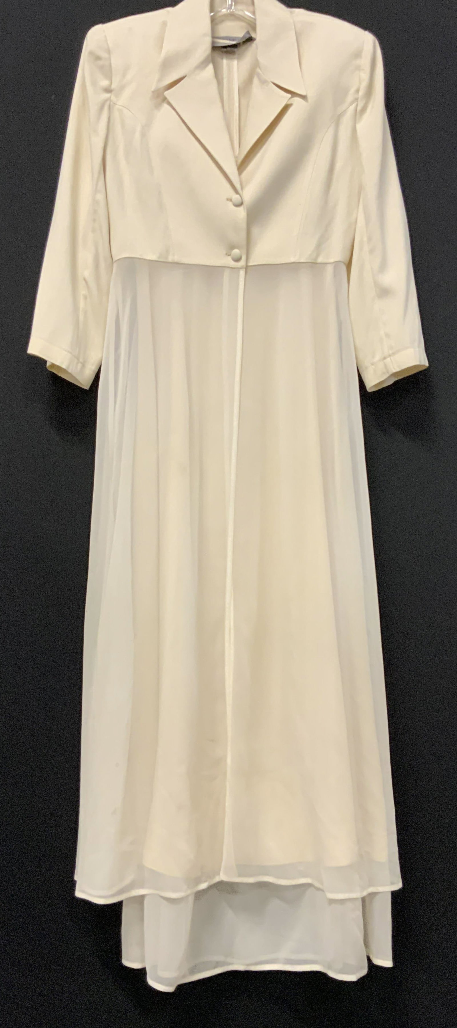 Morgane Le Fay dress and blazer set.: Morgane Le Fay dress and blazer set. Made of 100% silk in a cream color for both pieces. Dress is simple, straight cut and sleeveless with a chiffon trim at the bottom. It has buttons on the inside