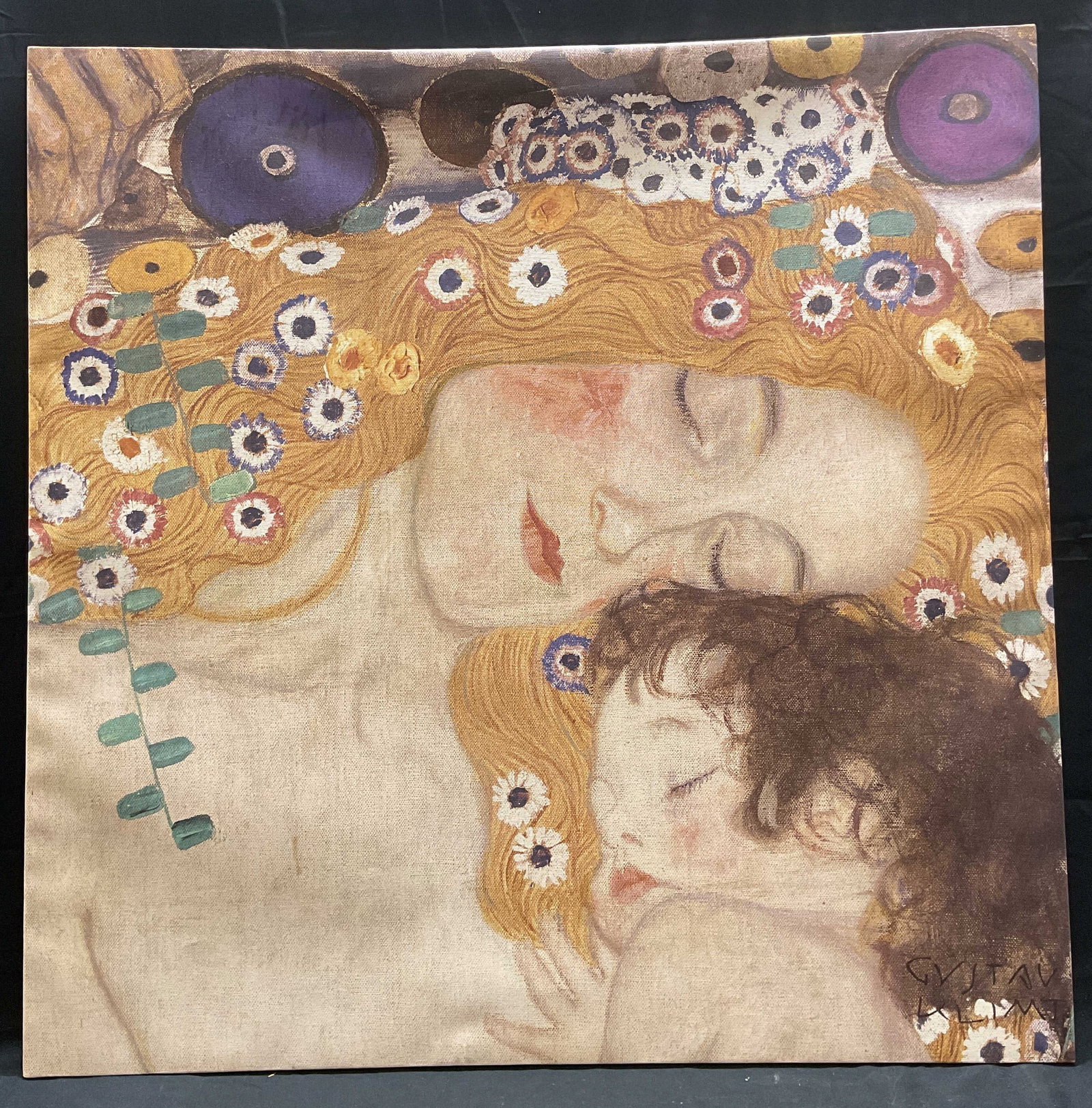 IKEA Klimt Repro Canvas Print: IKEA Pjatteryd canvas print. Reproduction of The Three Ages of Women by Gustav Klimt. Art nouveau symbolist mother and child. Copyright on verso. Measures approx 35.5 x 35.5 inches. Wear including buc