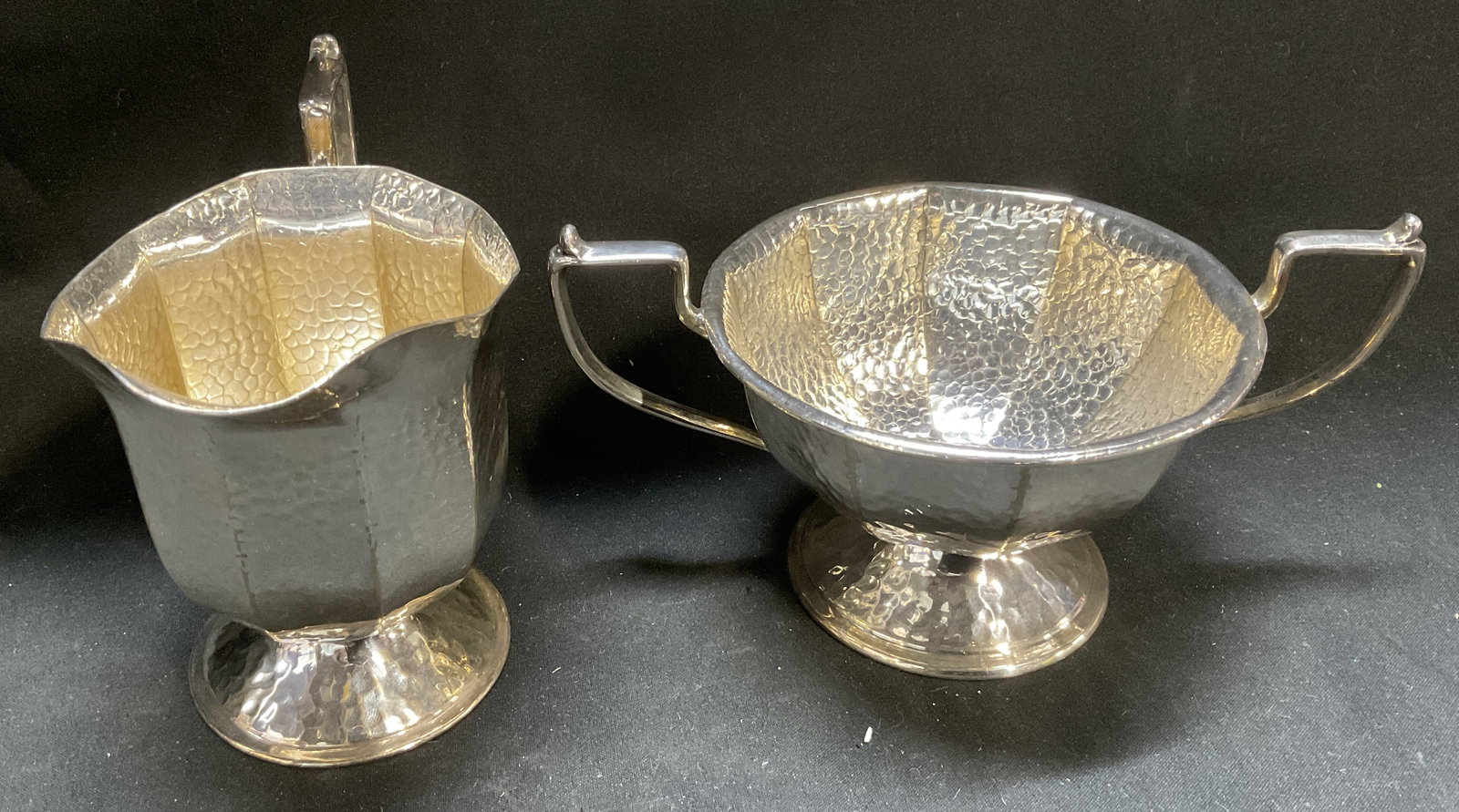 VTG Bernard Rices Sons Silver-Plated Coffee Set: Vintage Circa 1910-1950 Bernard Rices Sons Inc Silver-Plated Coffee Set. Hand-Hammered Finish. Gilt Wash Interior. Apollo Product Line. Marked E.P.N.S. Includes One Creamer Dish and One Sugar Bowl.