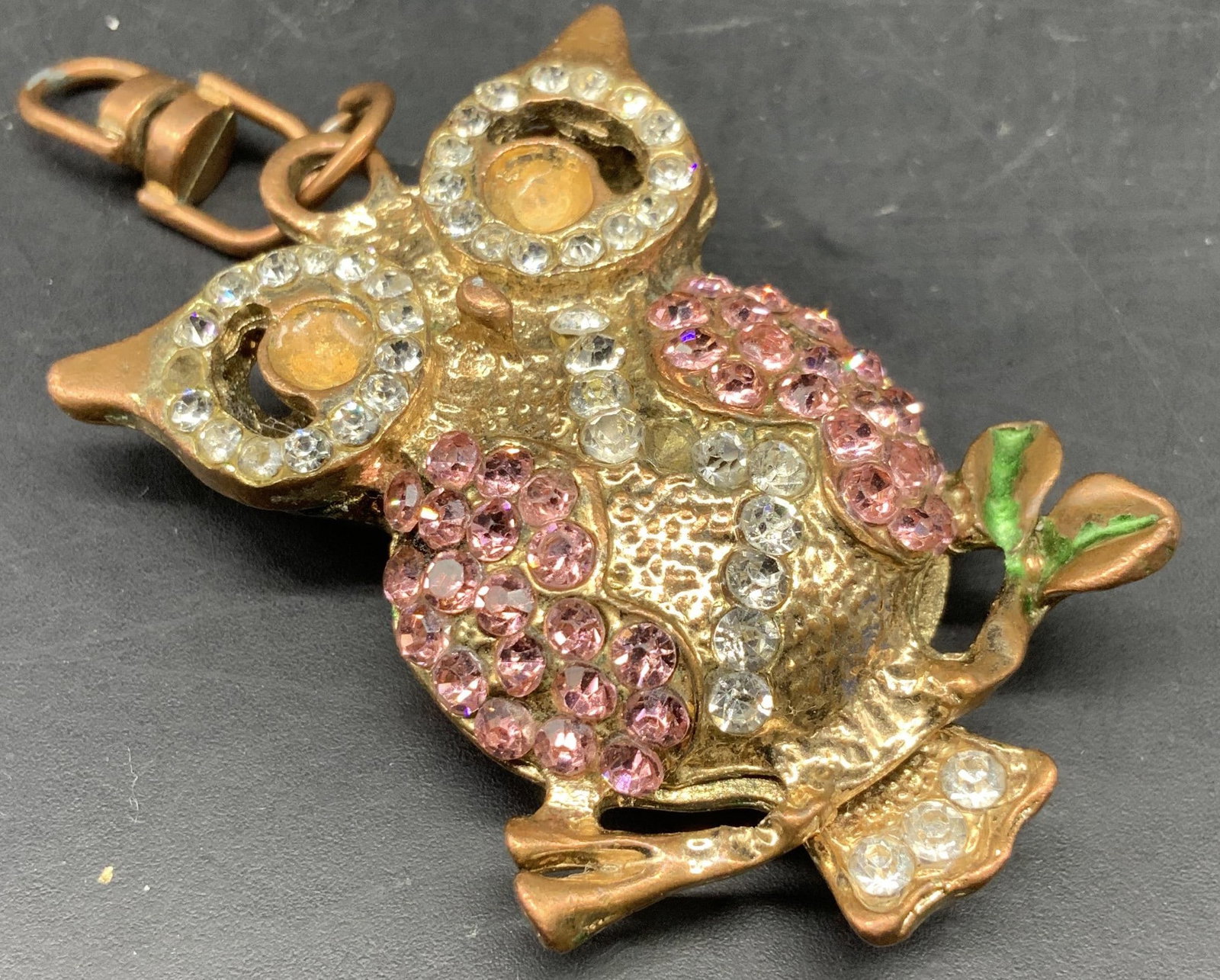 Vntg Betsy Johnson Crystal Owl Pendant: Vintage Betsy Johnson Owl Pendant, features pink and clear rhinestone accent on rose gold toned frame and open work back, measures app 3 inches, vintage jewelry, fashion jewelry, owl jewelry