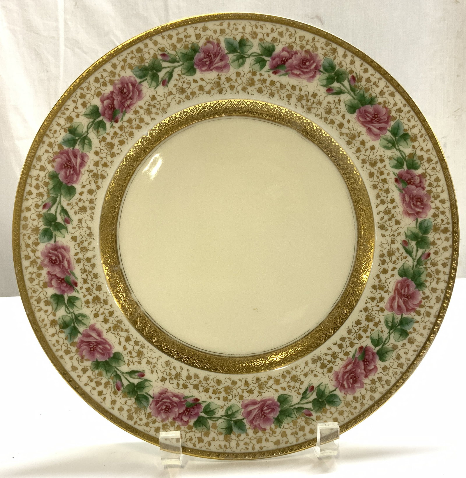 Atq Black Knight Gold Pink Rose Plate, Germany: Antique Black Knight Bavaria Gold Encrusted Pink Rose Dinner Plate. Made in Germany. Cream porcelain base with cascading garland of pink roses and green leaves, floral border sandwiched between hand