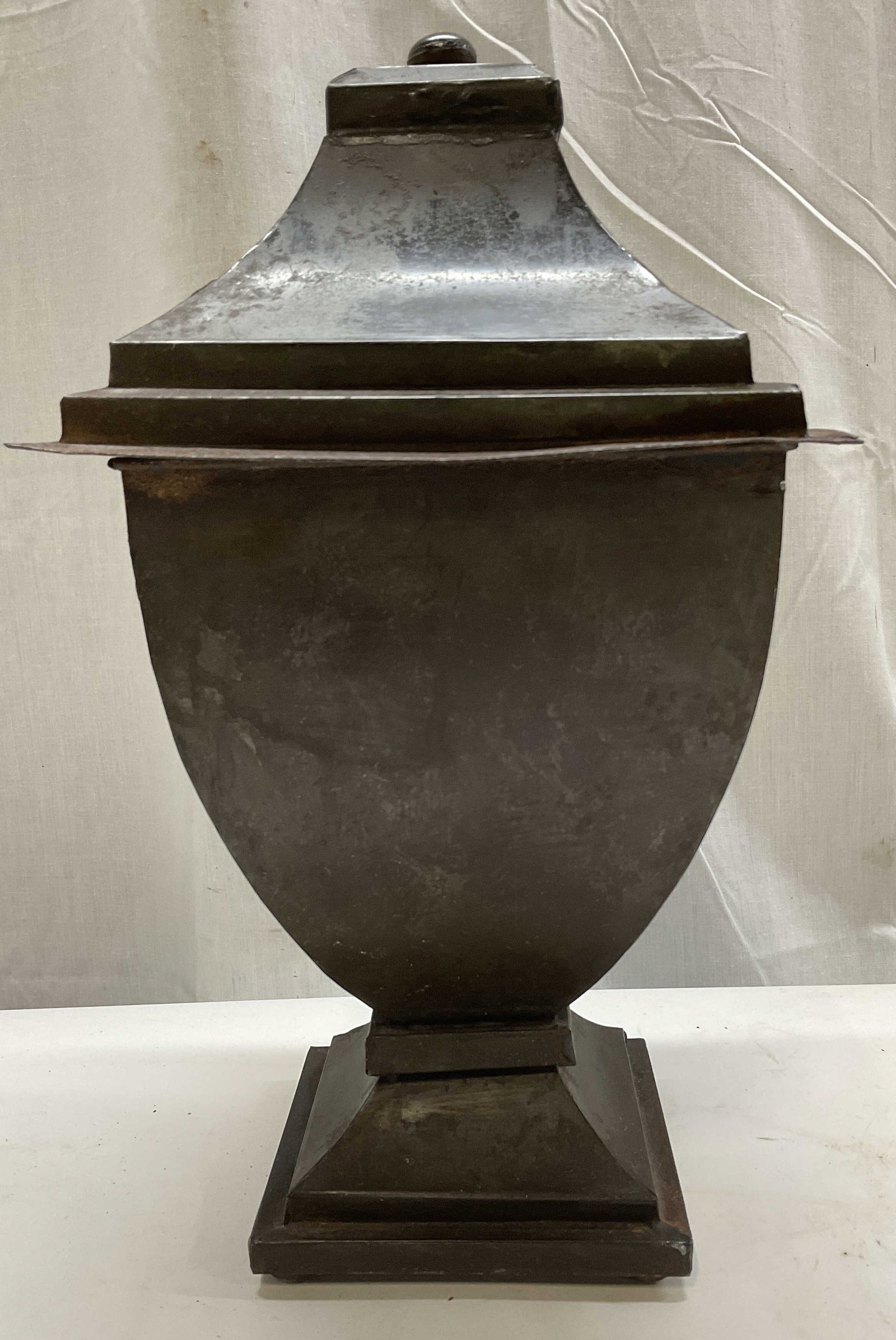 VINTAGE Sarcophagus Temple Shaped Metal Jar: Vintage Sarcophagus Temple Shaped Steel Jar. Multi-Tiered Lid. Aging and Bending to Metal Present. Measures app 13.5in H x 7in L. Vintage Jars, Sarcophagus Form, Temple, Pagodas, Desk Decor, Garden De