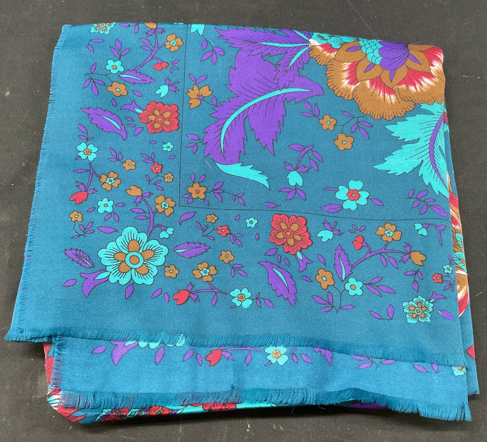 Vintage Blue Floral & Paisley Fringed Scarf (1 of 6)