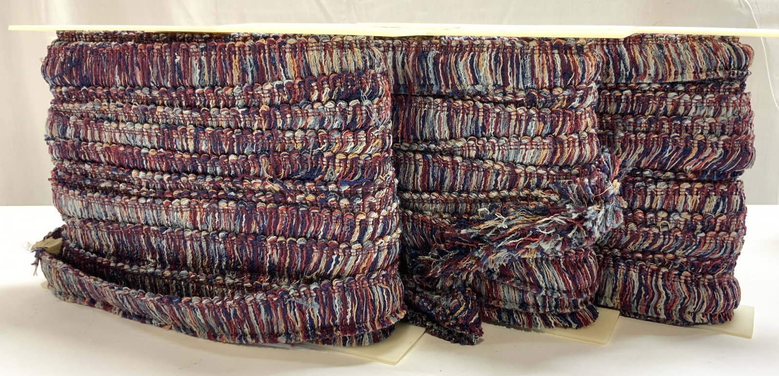 Vtg Lt3 Hollywood Multicolor Brush Fringe Trim: Vintage Lt 3 Hollywood Trims Multicolor Brush Fringe Trim. Made in Los Angeles, California. Style 2887. Color V6. 70% rayon 30% cotton. Originally 18 Yards Per Roll. Not Unrolled, Measured, or